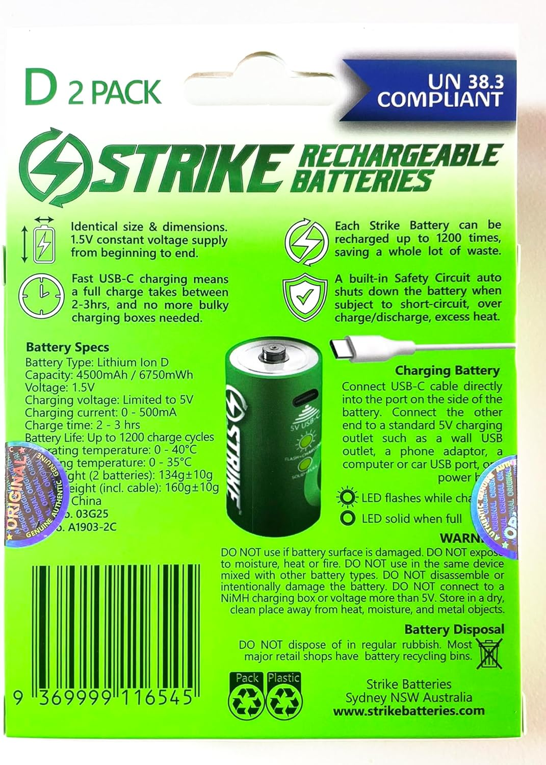 D Battery Lithium Ion 2 Pack Smart LED 1.5V 6750Mwh USB-C Rechargeable with Charging Cable, No Charging Box Needed!