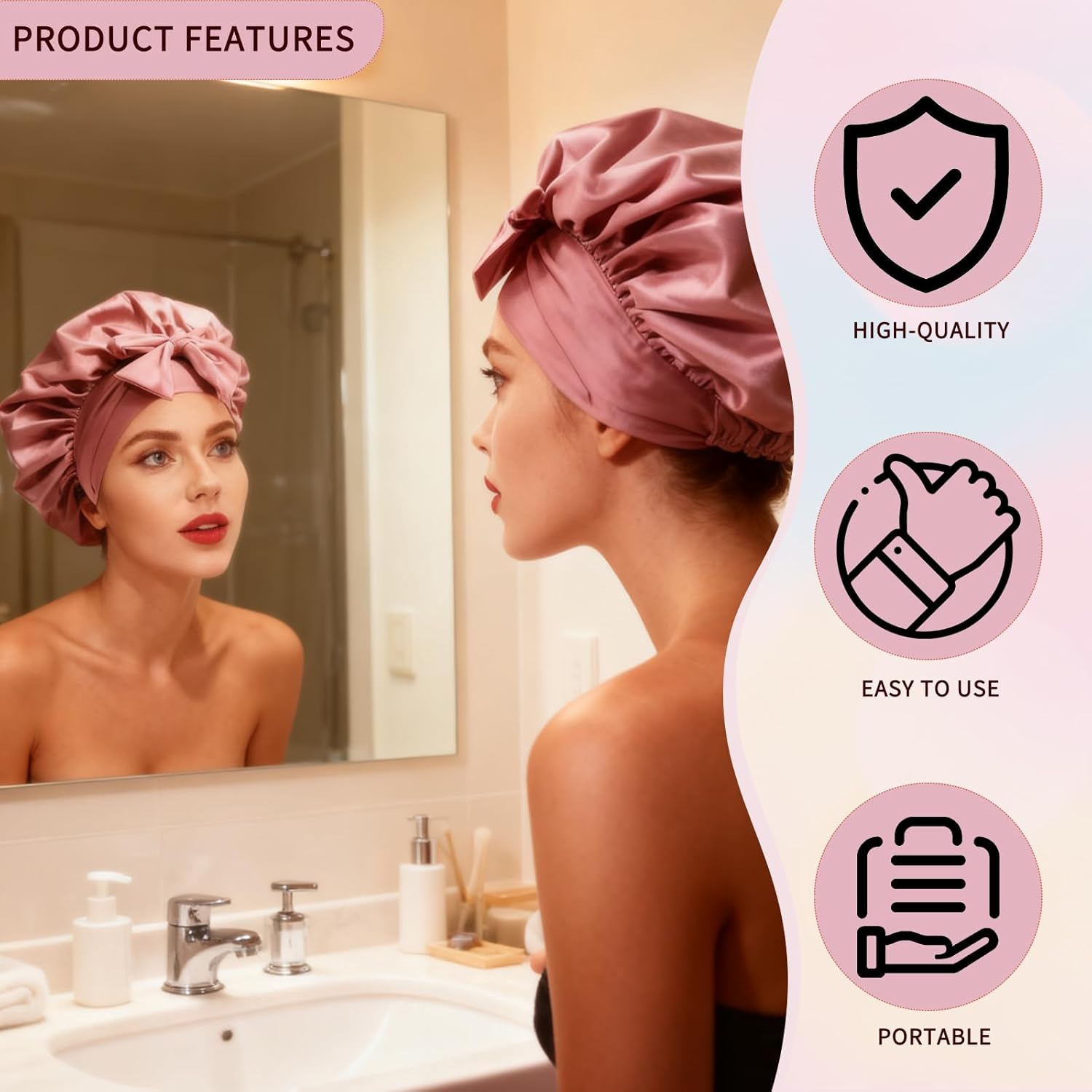 Langtaojin Silk Bonnets Collection:Double-Laver Hair Bonnet. Eye Mask & 2 Hair Ties for Overnight Care & Comfort. Soft Silk Bonnet for Comfortable Sleep Pink image number 6