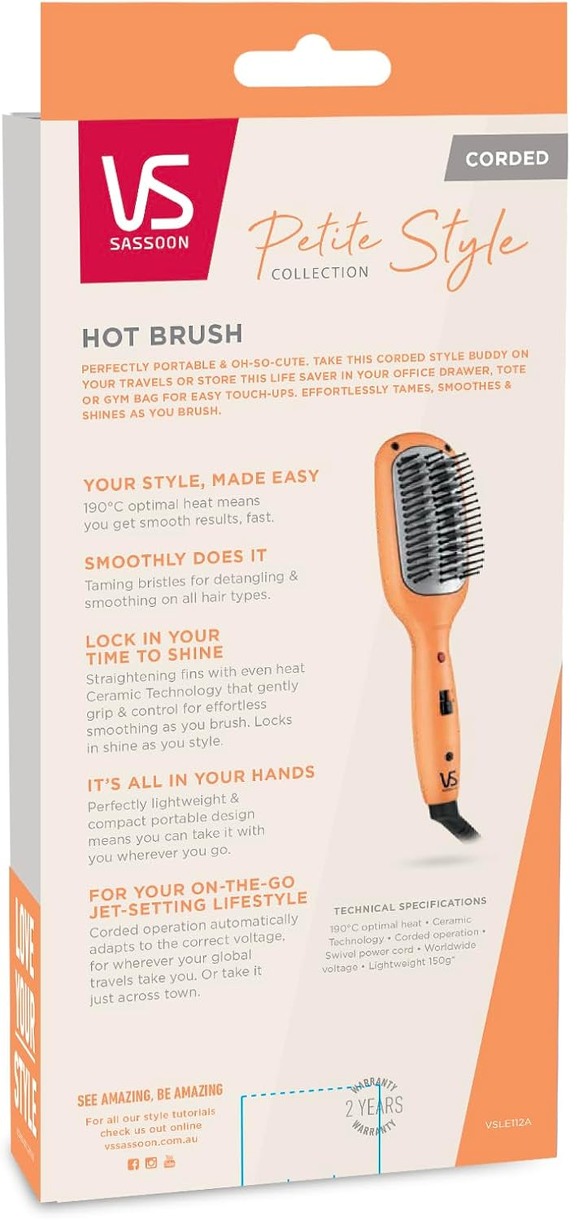 VS Sassoon Petite Style Hot Brush &ndash; Heated Smoothing Brush with 190&deg;C Ceramic Technology, Taming Bristles for All Hair Types, Lightweight & Compact, Multi Voltage Styling Tool for Global Travel image number 3