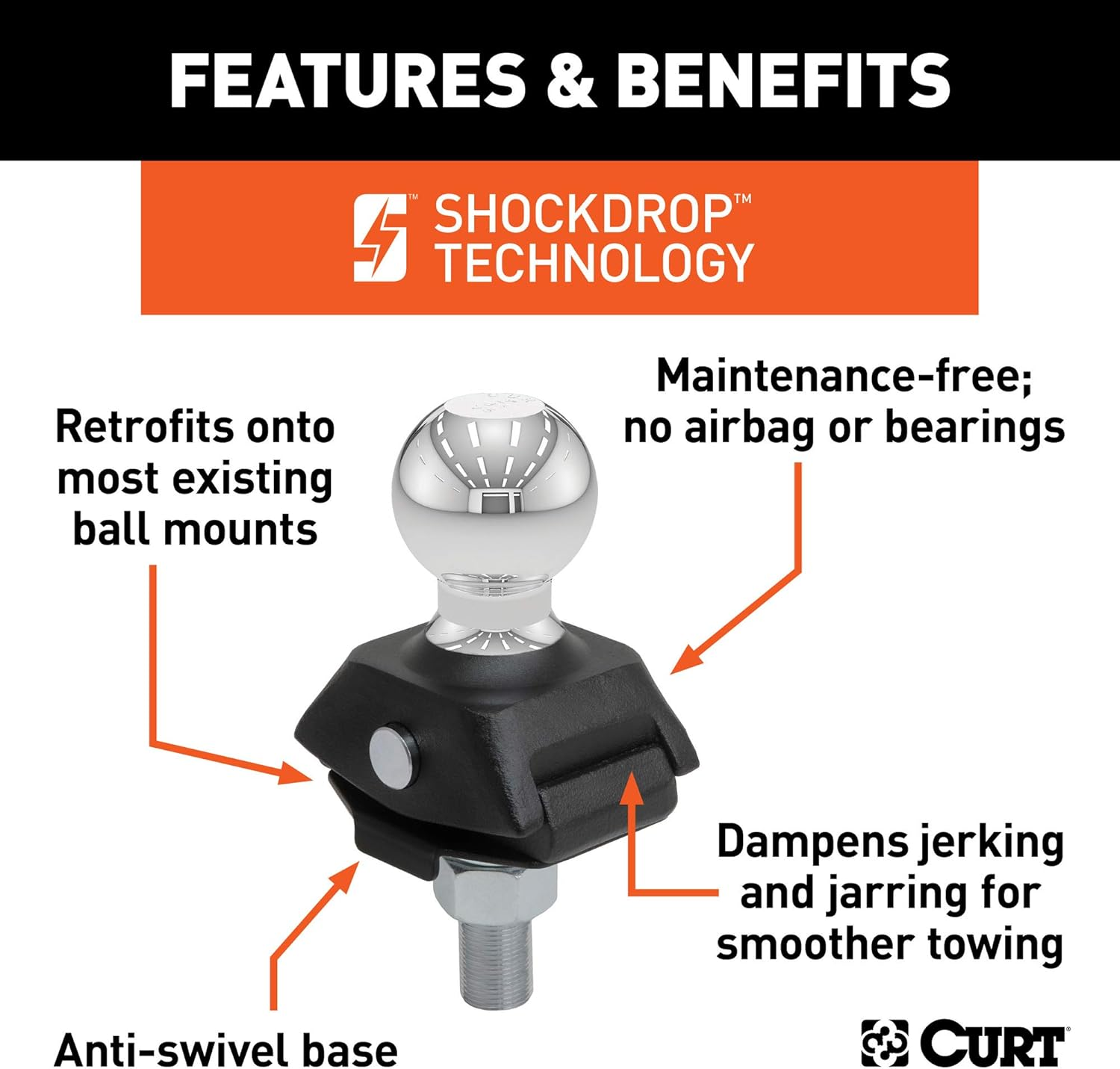 CURT 40246 Rockerball Cushion Hitch Trailer Ball 3,500 Lbs, 2-Inch Diameter, 3/4-Inch Shank image number 2