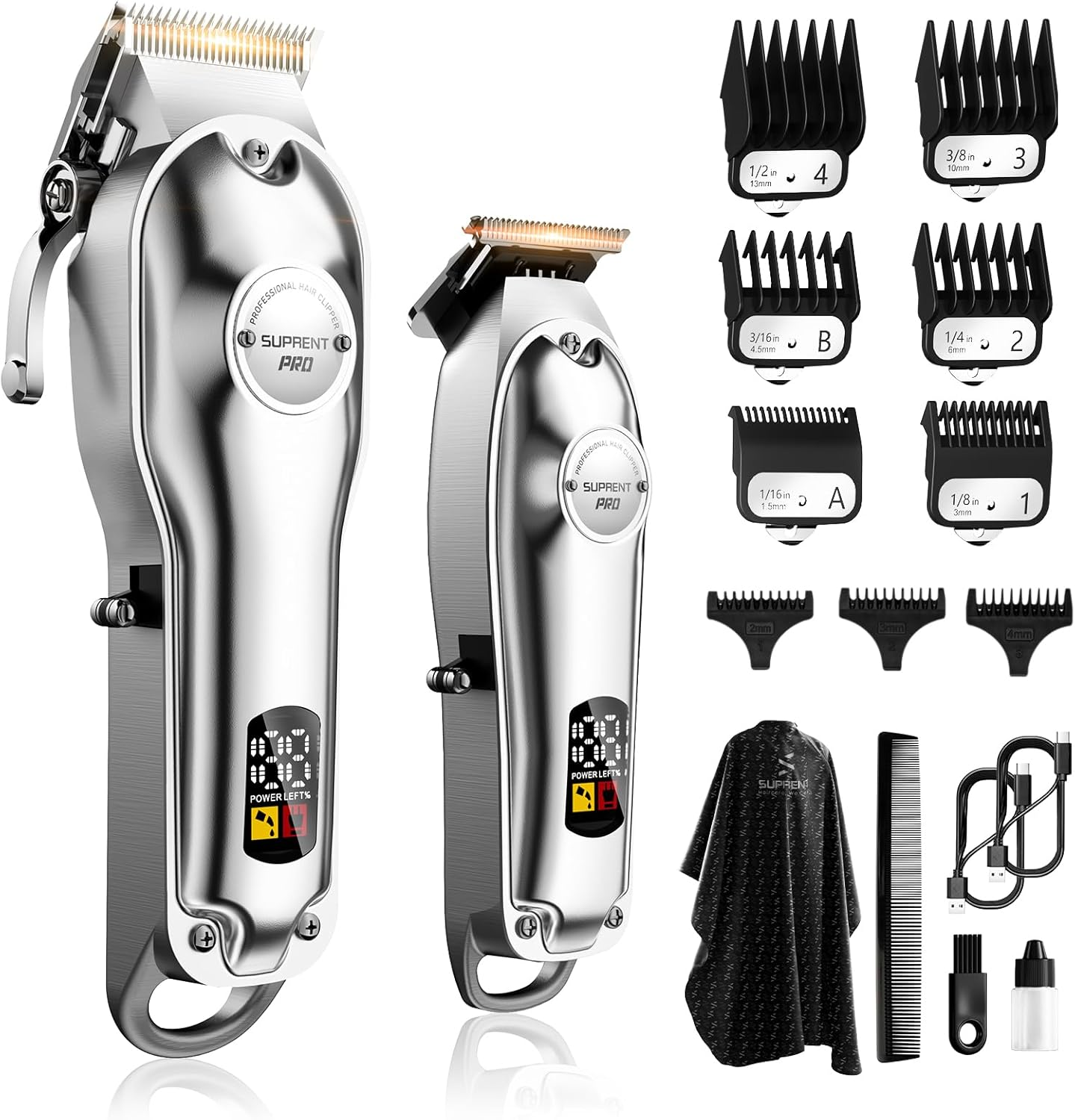 SUPRENT Professional Hair Clippers for Men, Cordless Hair Cutting Kit, Barber Clippers & Zero-Gapped Trimmer Combo with Type-C Rechargeable, Titanium Plated Ceramic Blade (Silver)