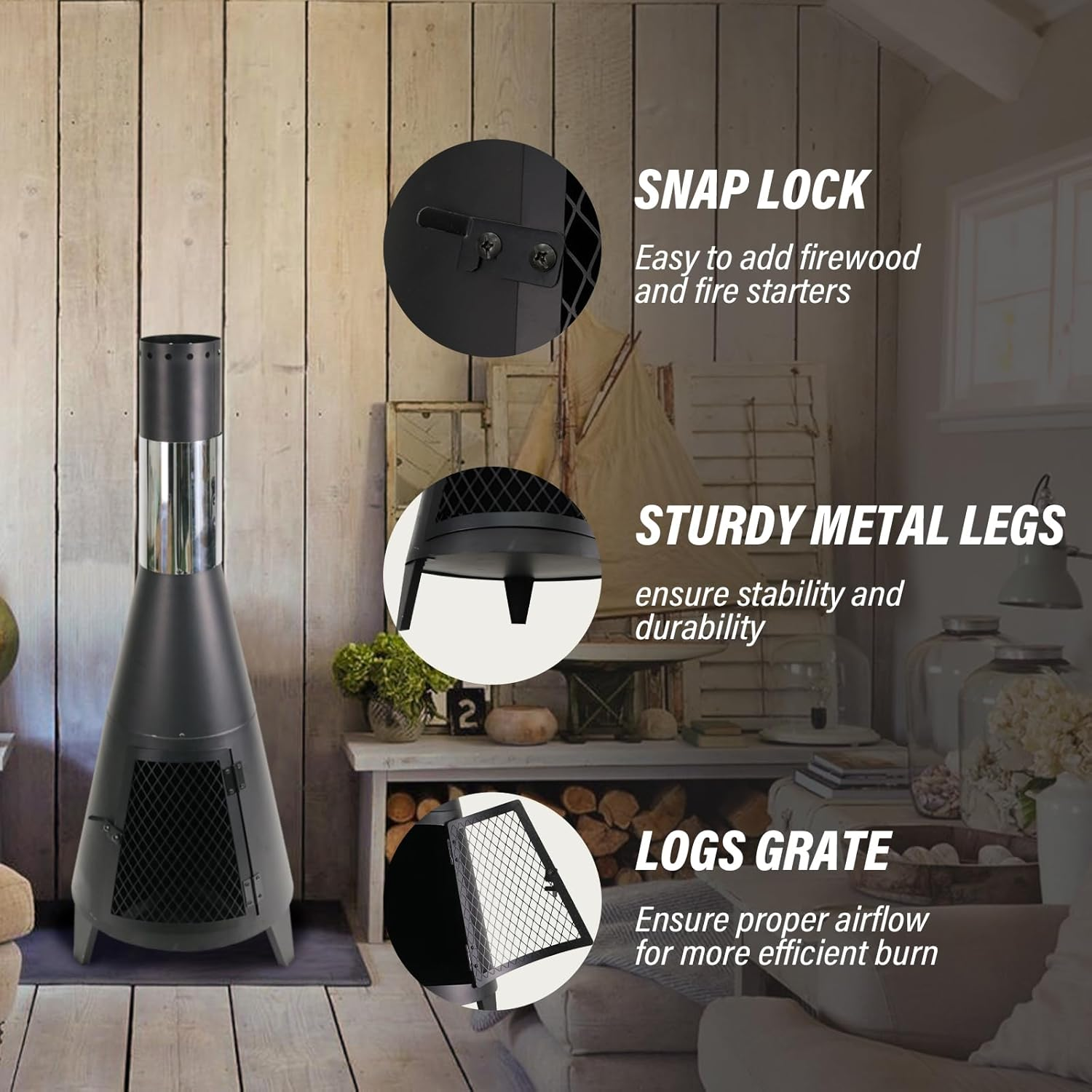 Ptlsy 43Inch Tall Chiminea Outdoor Fireplace Wood Burning for Backyard and Patio Wood Burning Rocket Fire Pit image number 1