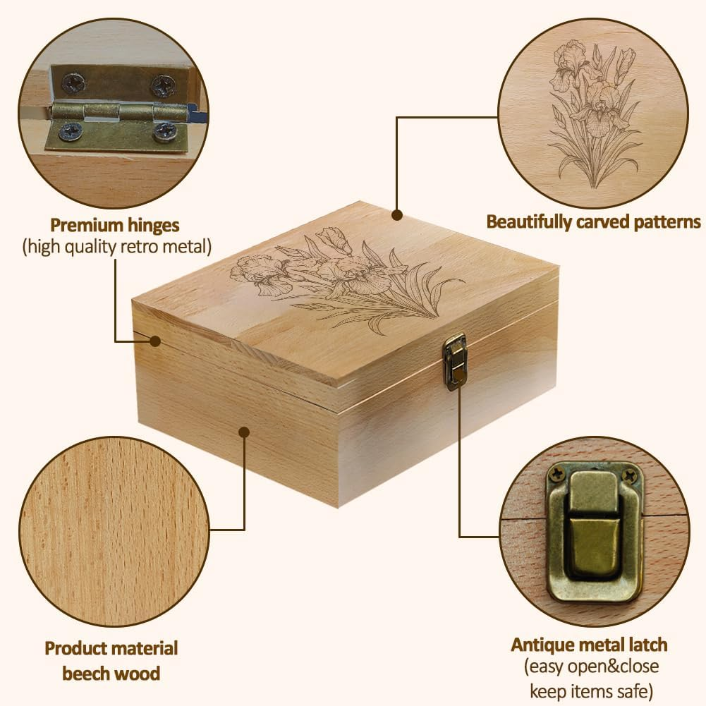 Arricraft 1 Pc Wooden Memory Keepsake Box, Sketch of an Iris Pattern Storage Decorative Memory Wooden Box with Hinge Lids for Photos Dvds Letters Holding 24.5X19.5X10.3Cm image number 5