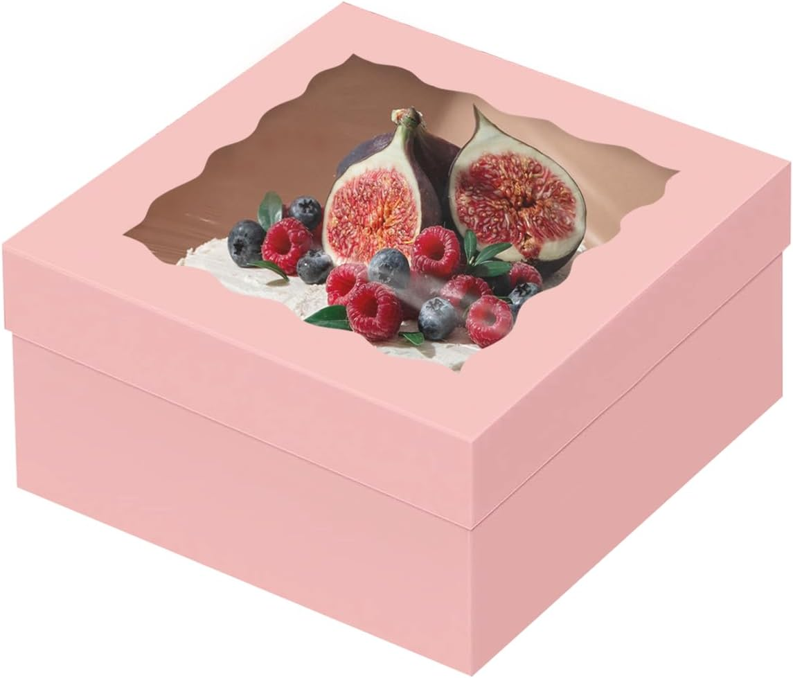 Qiqee 12X12X8 Inch Cake Box, 5 Sets Pink Cake round Boards ＆ 5 Sets 12 Inch Pink Cake Box with Window, Cake Containers(30.48X30.48X20.32Cm) image number 5