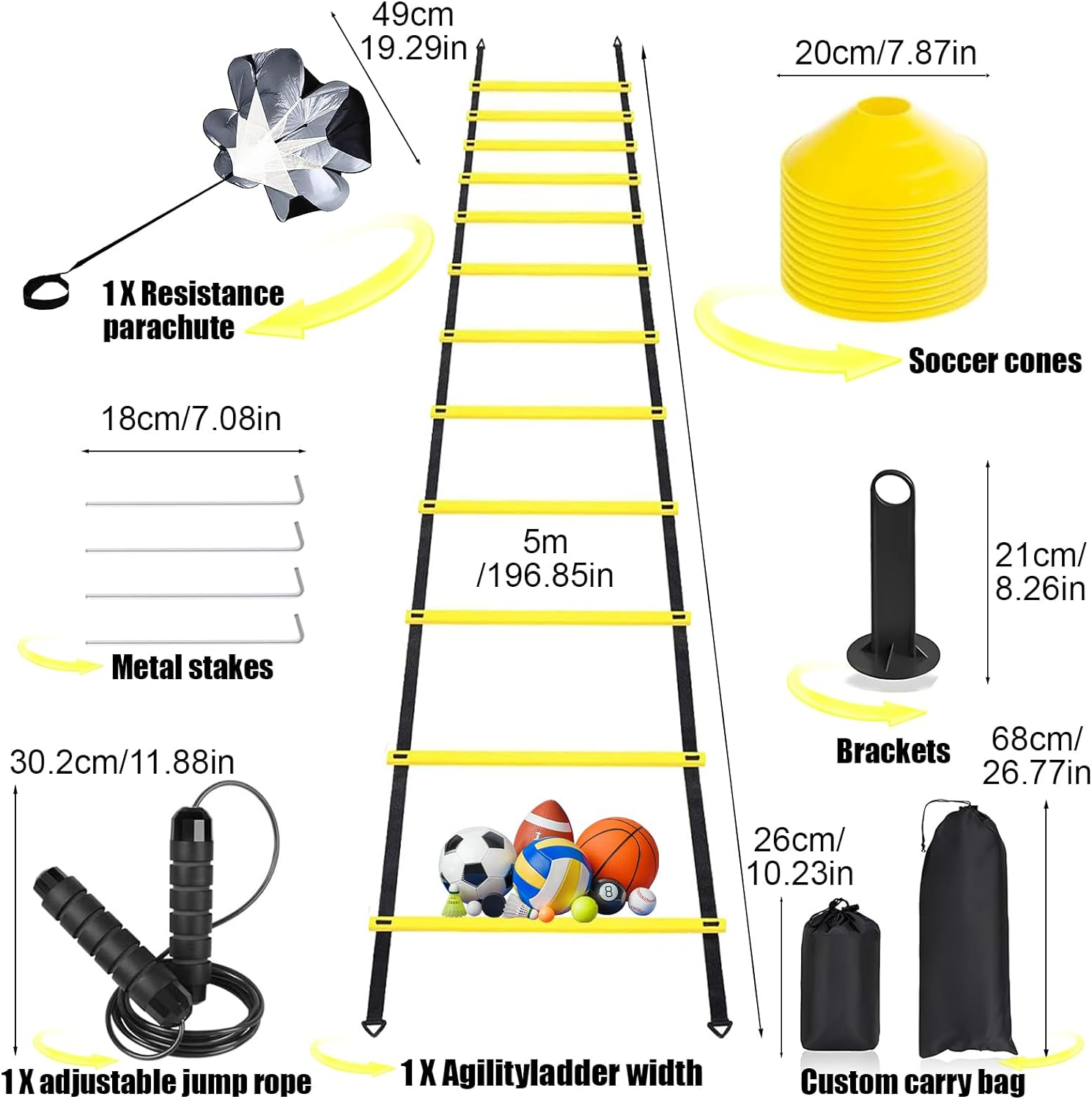 Speed Agility Training Equipment Set, 20Ft Agility Ladder,12 Soccer Cones, Jump Rope, Running Parachute, Basketball Football Soccer Training Equipment for Kids Youth Adults image number 4