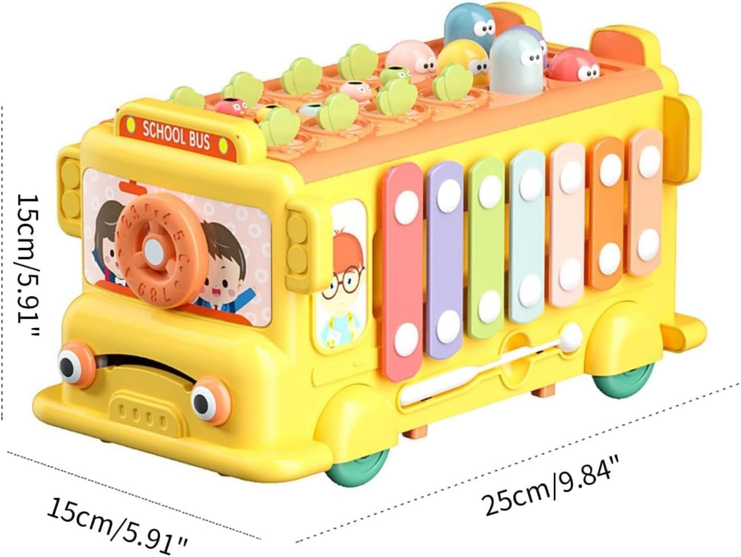 Uandhome 12-In-1 Montessori Toys for 1 2 3 Year Old Baby Boys Girls,Hammering Pounding Toy Harvest,School Bus Toy with Gears,Teaching Clock,Fishing Game and Color Matching for Kids image number 4