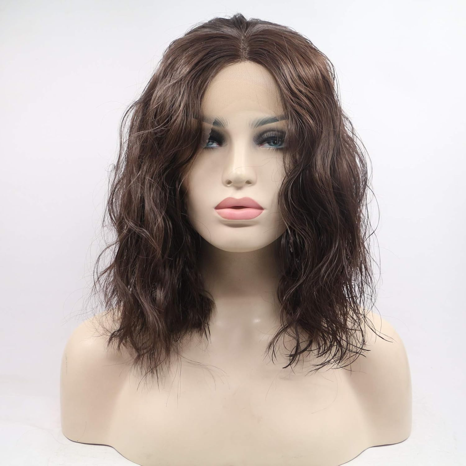Xiweiya 16" Natural Brown Wavy Wig Synthetic Lace Front Wigs Middle Part Brunette Hair Short Soft Curly Wig Hair Replacement Wig for Women, Drag Queen Makeup - 1B Black image number 7