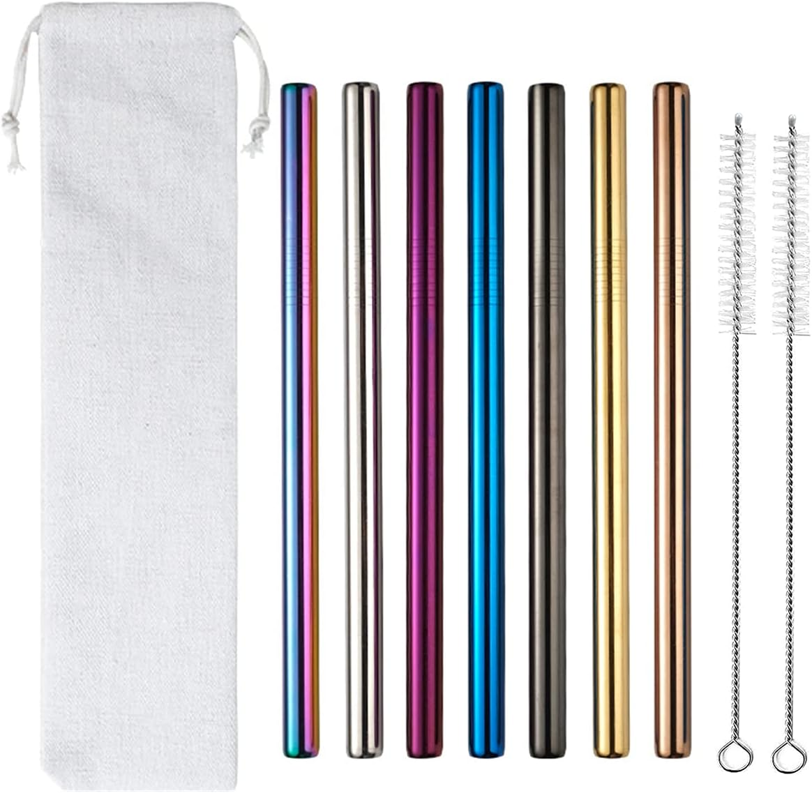 7 Pcs 8.5" Reusable Boba Drinking Straws 304 Stainless Steel Straws Set with 2 Cleaning Brushes Wide Metal Straw for Bubble Tea Milkshakes Smoothie Bar Accessory (Gold)