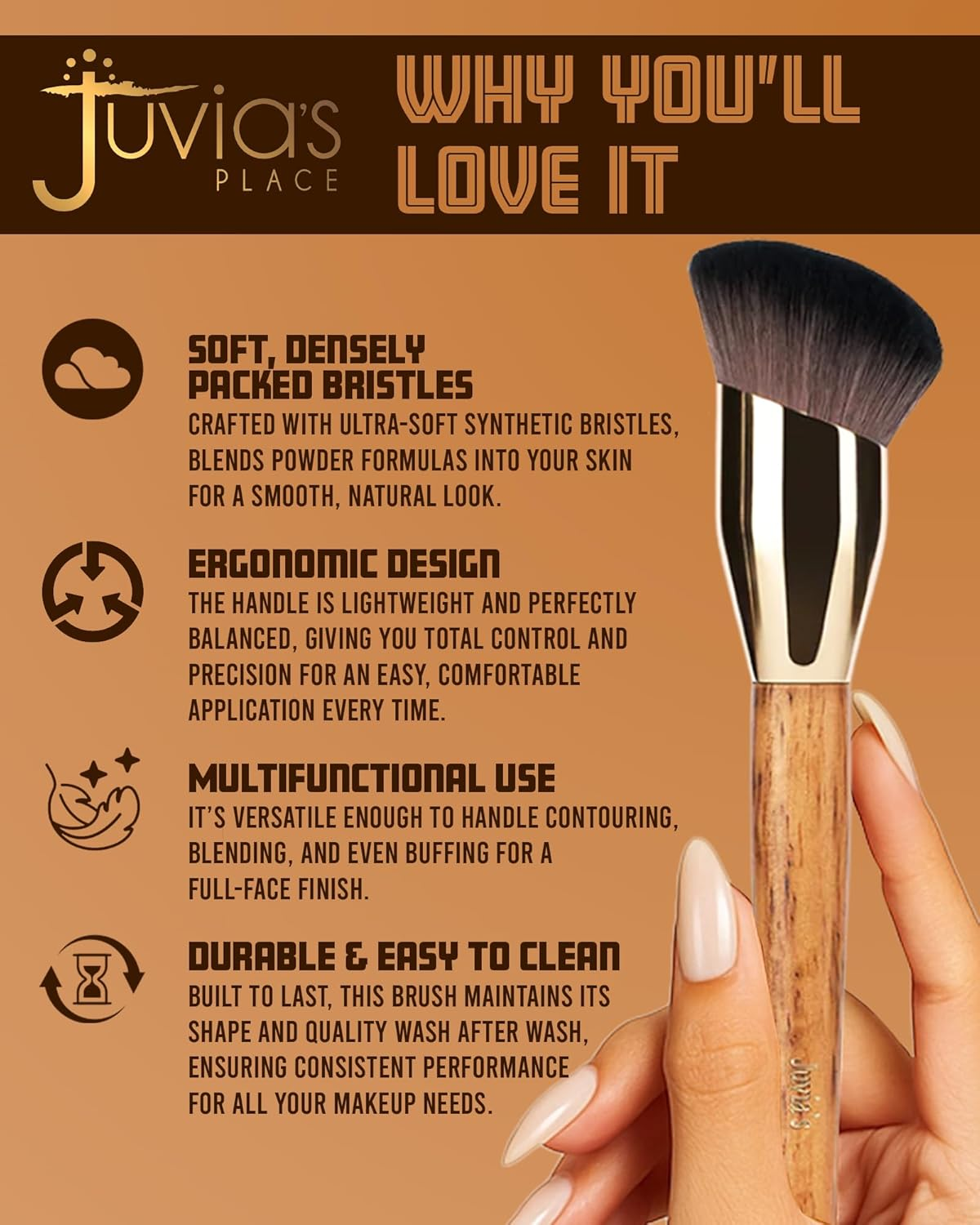 Juvia'S Place BRONZED J302 Cream Foundation Brush - Dense Soft Bristles for Smooth Blending, Airbrushed Finish - Ergonomic Handle for Precision Contour - Foundation, Cream, Liquid & Mousse Formulas image number 6