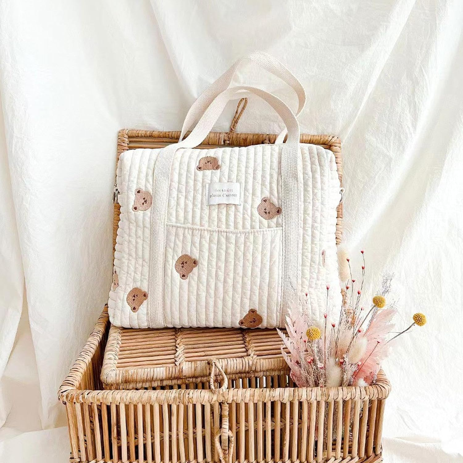 Baby Nappy Changing Tote Bag, Embroidery Baby Nappy Changing Tote Bag,Stylish Large Capacity Cotton Baby Changing Bag, Fashion Portable Quilted Cotton Bag for Weekend Vacation image number 6