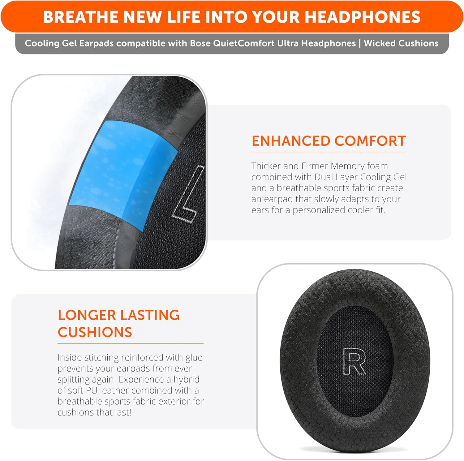 WC Freeze QC Ultra &ndash; Cooling Gel Replacement Earpads Compatible with Bose Quietcomfort Ultra Gen 1 & Gen 2 by Wicked Cushions | Breathable Fabric, Extra Thick & Cool | Black - Diamond White image number 5