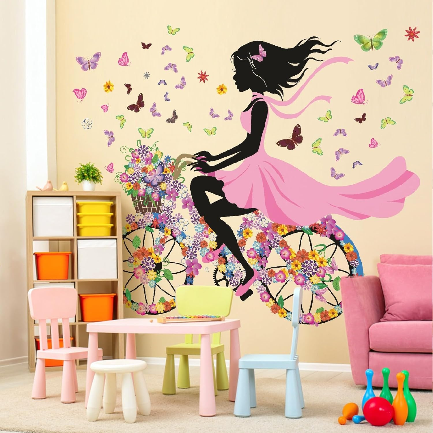 DEKOSH Kids Room Girl with Butterflies and Flowers Peel and Stick Wall Decal Set image number 4