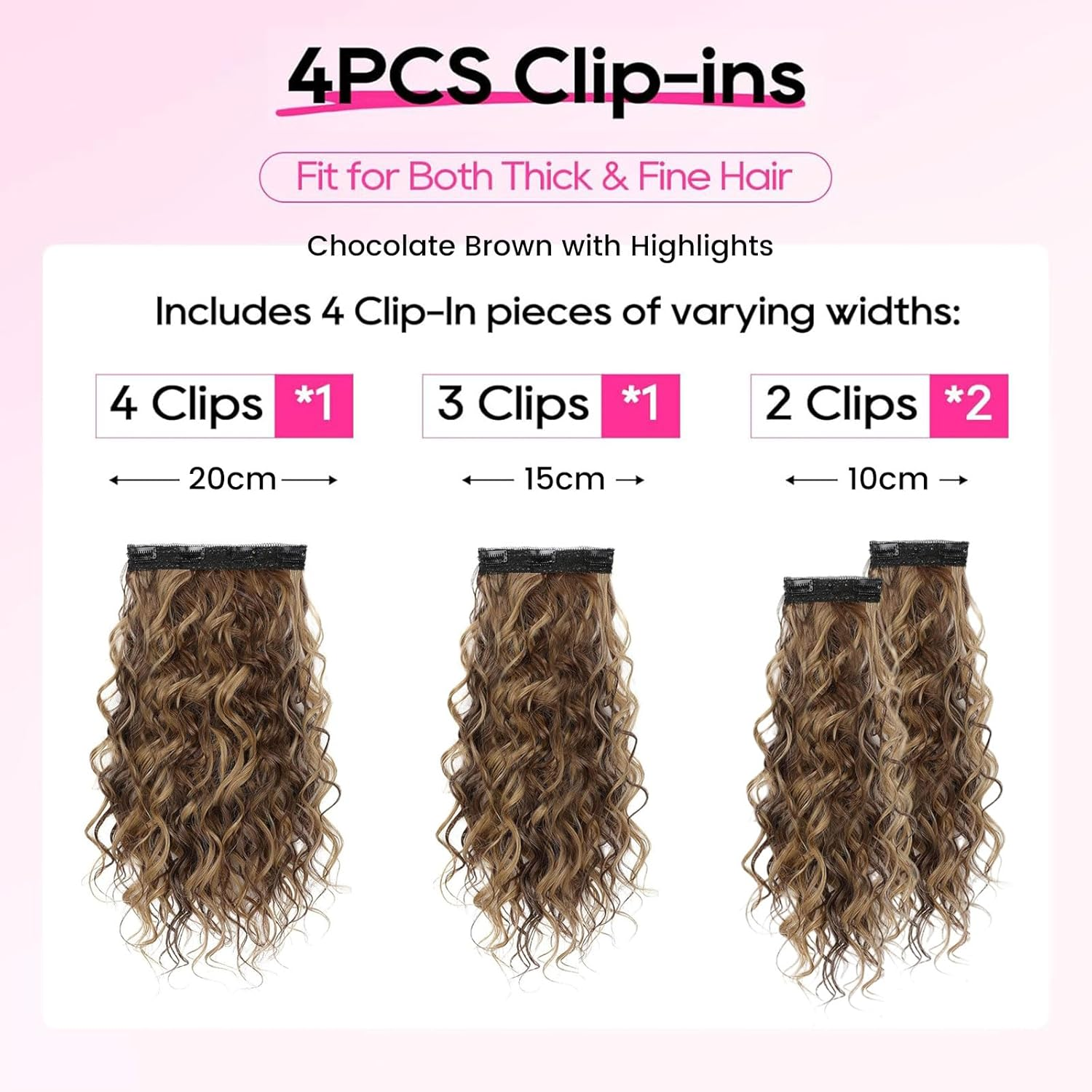 Lunarcharm 4 Pieces Curly Hair Extensions 40 Cm Clip in Hair Extensions Short Curly Invisible Natural Hairpieces for Women Chocolate Brown with Highlights image number 4