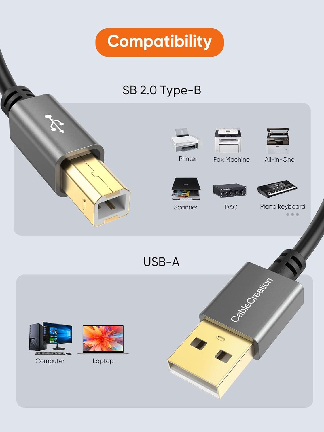 USB 2.0 Printer Cable 15Ft(Aluminum Shell) USB A-Male to B-Male Cord, High-Speed USB a to B Cable Scanner Cord Compatible with HP, Cannon, Brother, Epson, Xerox, Samsung Dell, Lexmark, 4.5M/Black image number 2