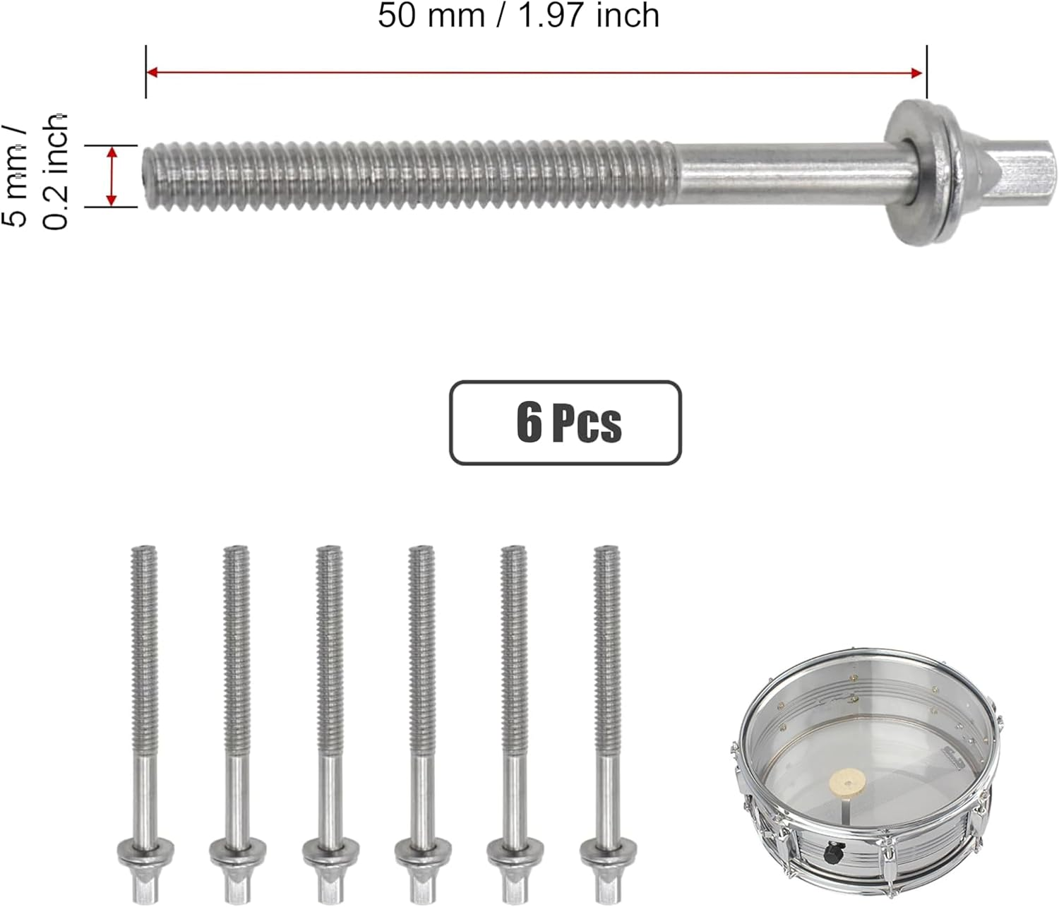 Drum Tension Rods with Washers, 6-Piece Set, Mounting Screws for Jazz and Snare Drums, Percussion Instrument Parts (50Mm) image number 3