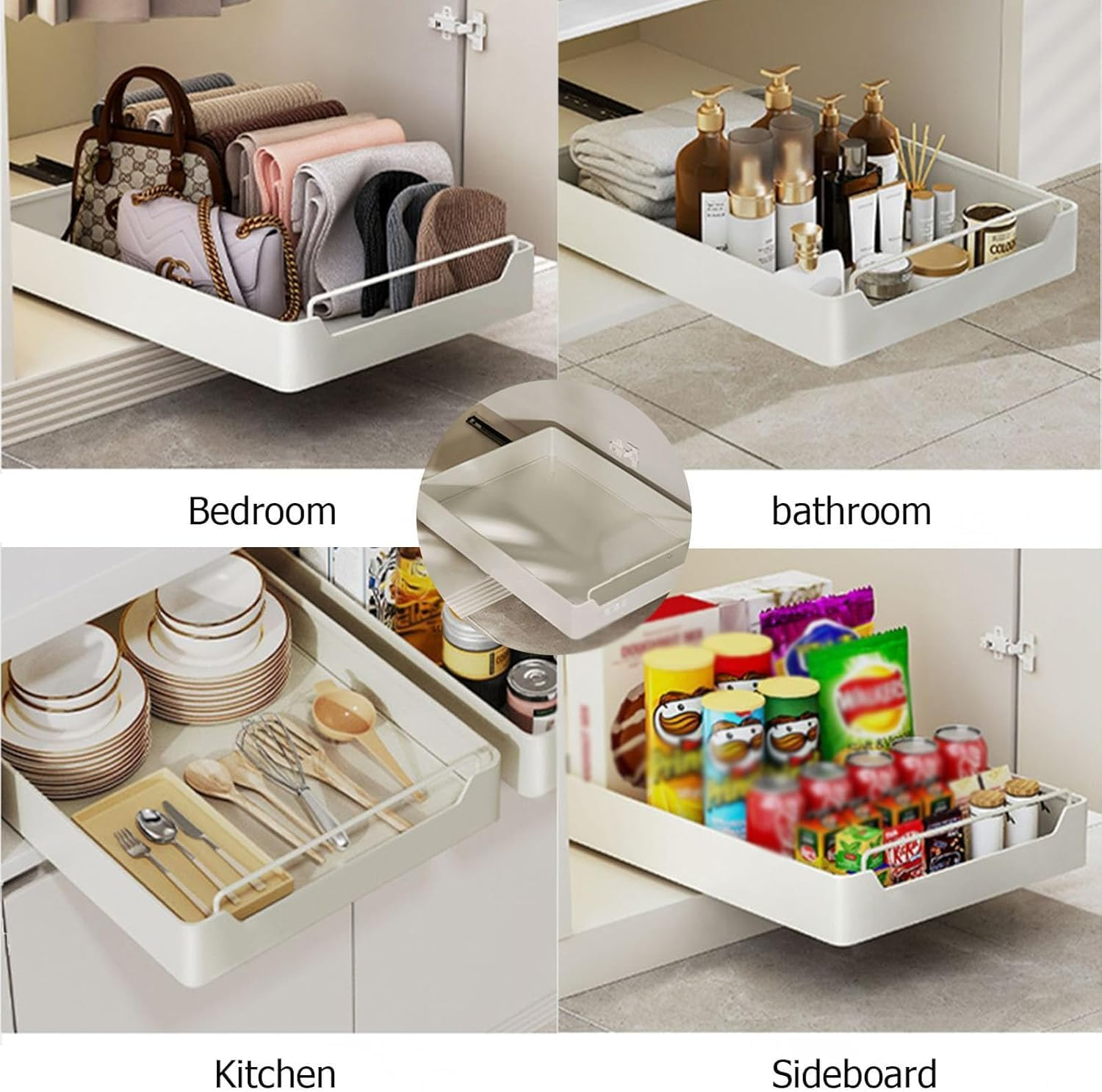 Expandable Pull Out Cabinet Organizer, Pull Out Drawers for Cabinets, Roll Out Shelves Adhesive, Easy to Store and Clean Built-In Drawer Design Storage Holder for Kitchen Storage & Organisation, 1 Pc