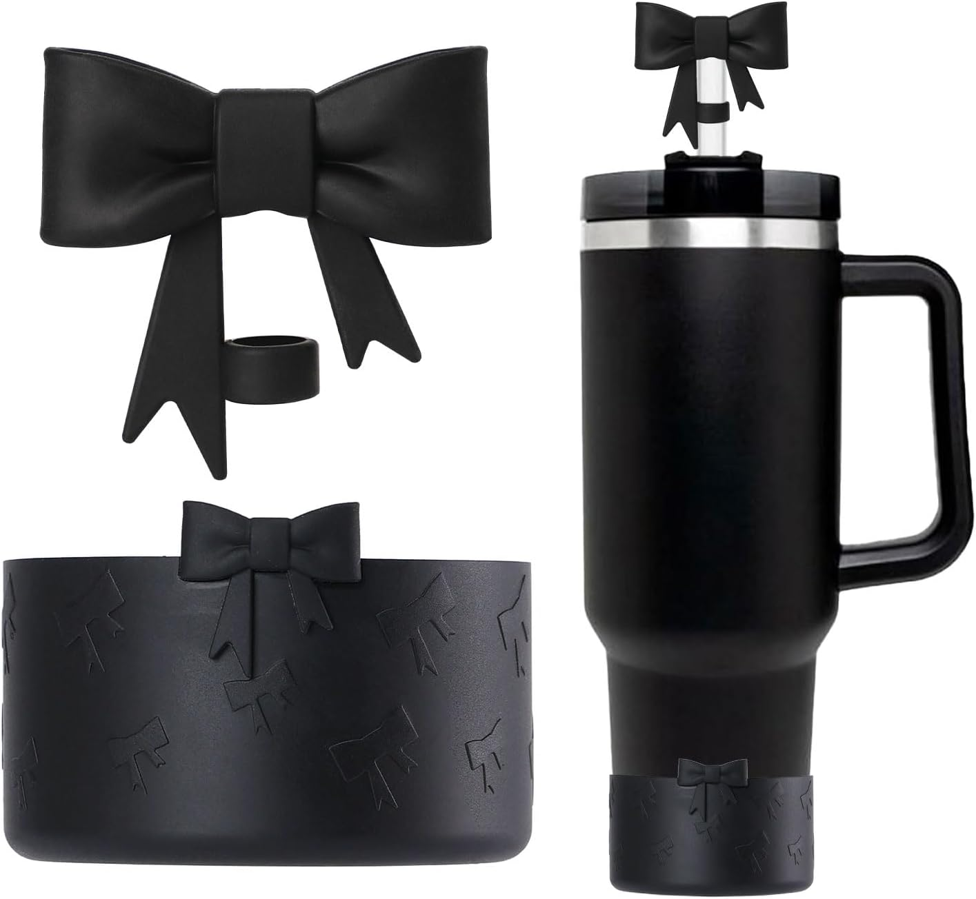 Lnulyaciy Bow Silicone Protective Boot for Stanley Cup 20/30/40Oz, Bow Straw Cover Topper with 10Mm/0.4In, Compatible 12-24Oz Hydroflask Tumbler and More Bottles 2.83-3In Bottom (Black Set)