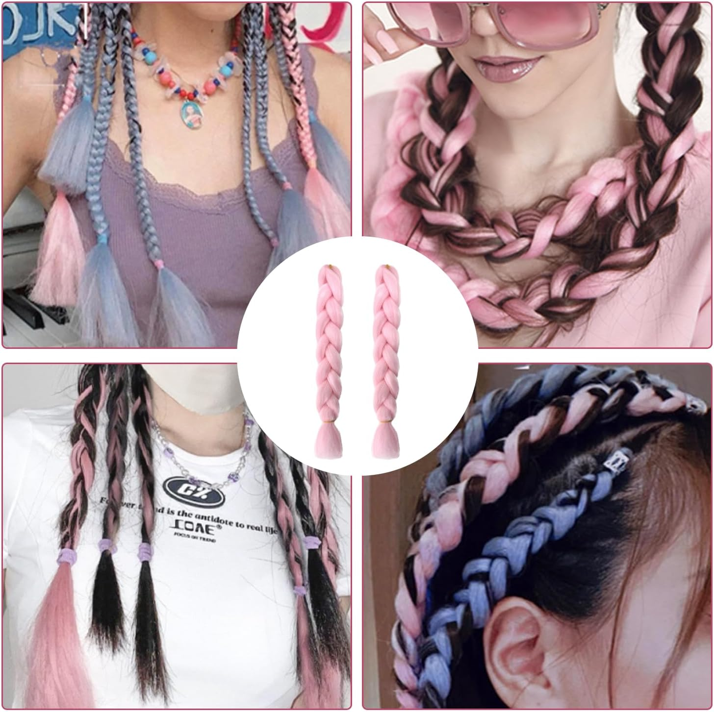 2 Pieces Bright Pink Wigs 60Cm Glow in the Dark Wig Extension Braid Braid Wig Hair Braid Twist Braid Wig image number 4