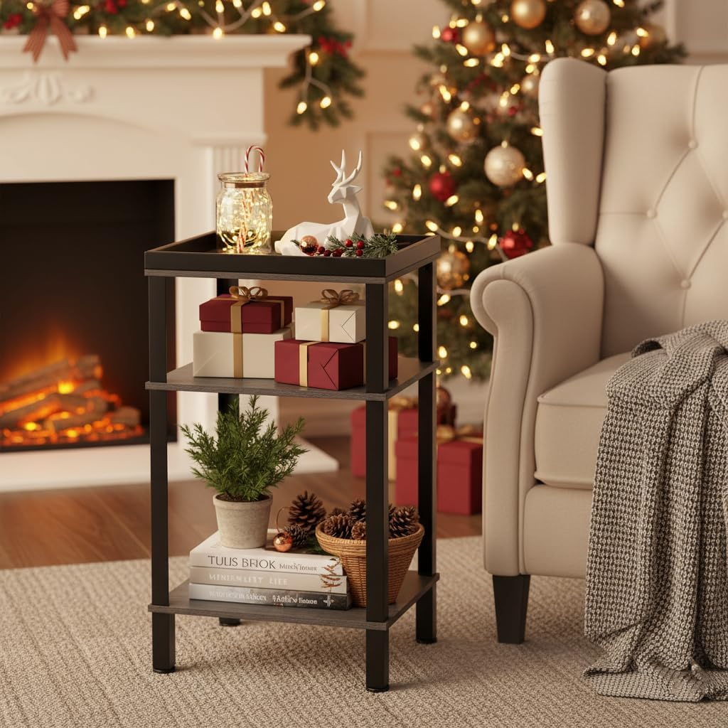 Side Table for Small Spaces,3 Tier End Table with Metal Tabletop Tray Storage Shelf, Small Narrow Thin End Table Bedside Table,Nightstand for Hallway,Living Room,Bedroom, Office (Grey)