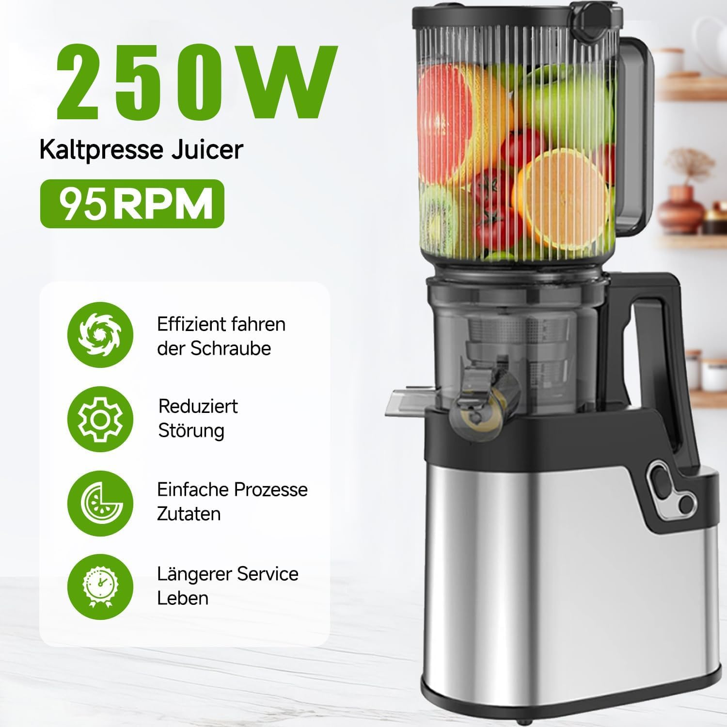 Cold Press Juicer, 250W Slow Masticating Juicer Machine with 10.5Cm/4.2" Wide Feed Chute, for Whole Fruits and Vegetables, High Juice Yield, Quiet Motor, Easy to Clean (Silver) - Red image number 5