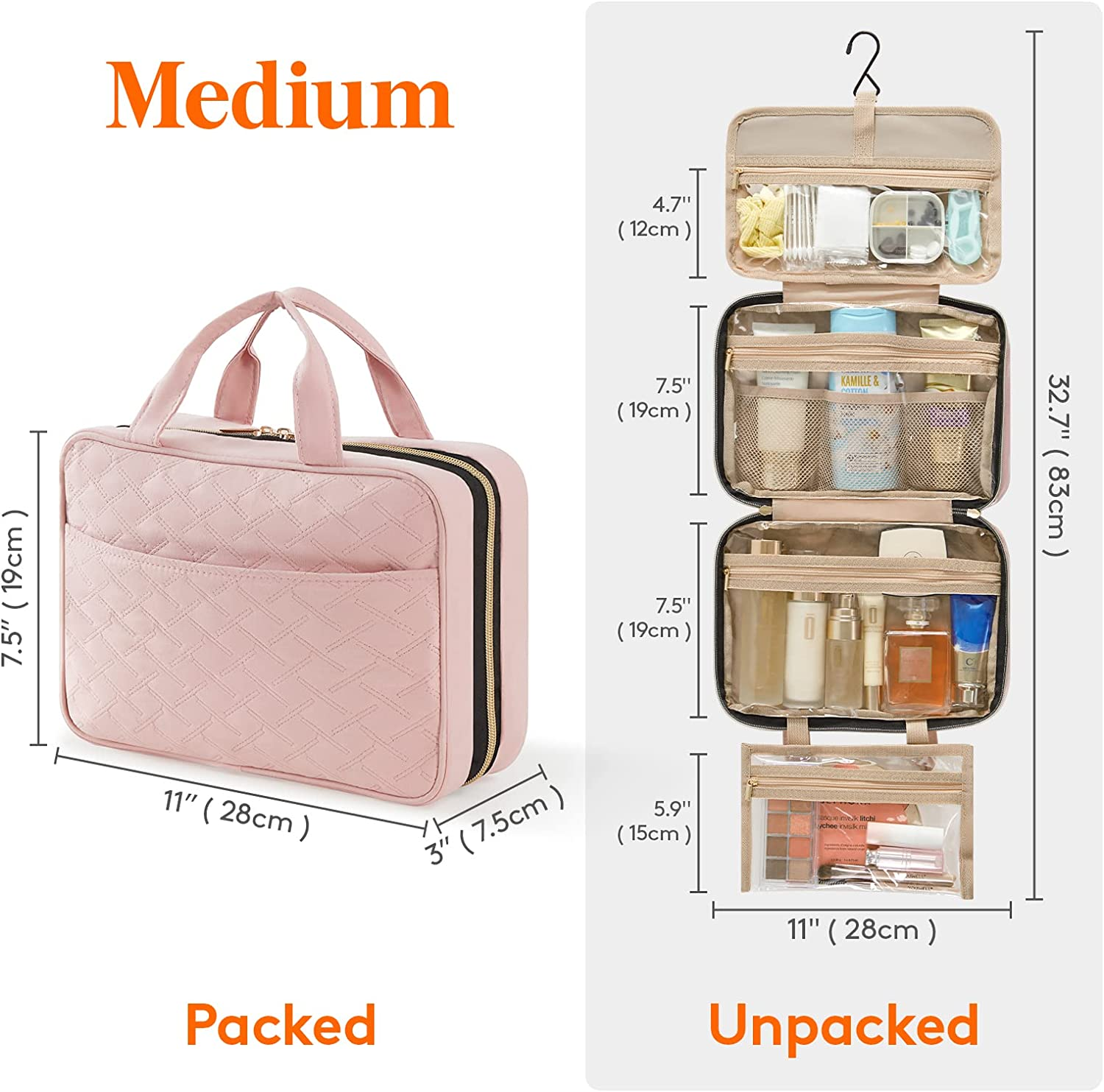 Lifewit Travel Toiletry Bag, Large Hanging Makeup Bag Organiser for Women, Transparent Travel Cosmetic Bag with Hanging Hook for Full Size Bottles, Vacation Essentials, Medium, Pink image number 3