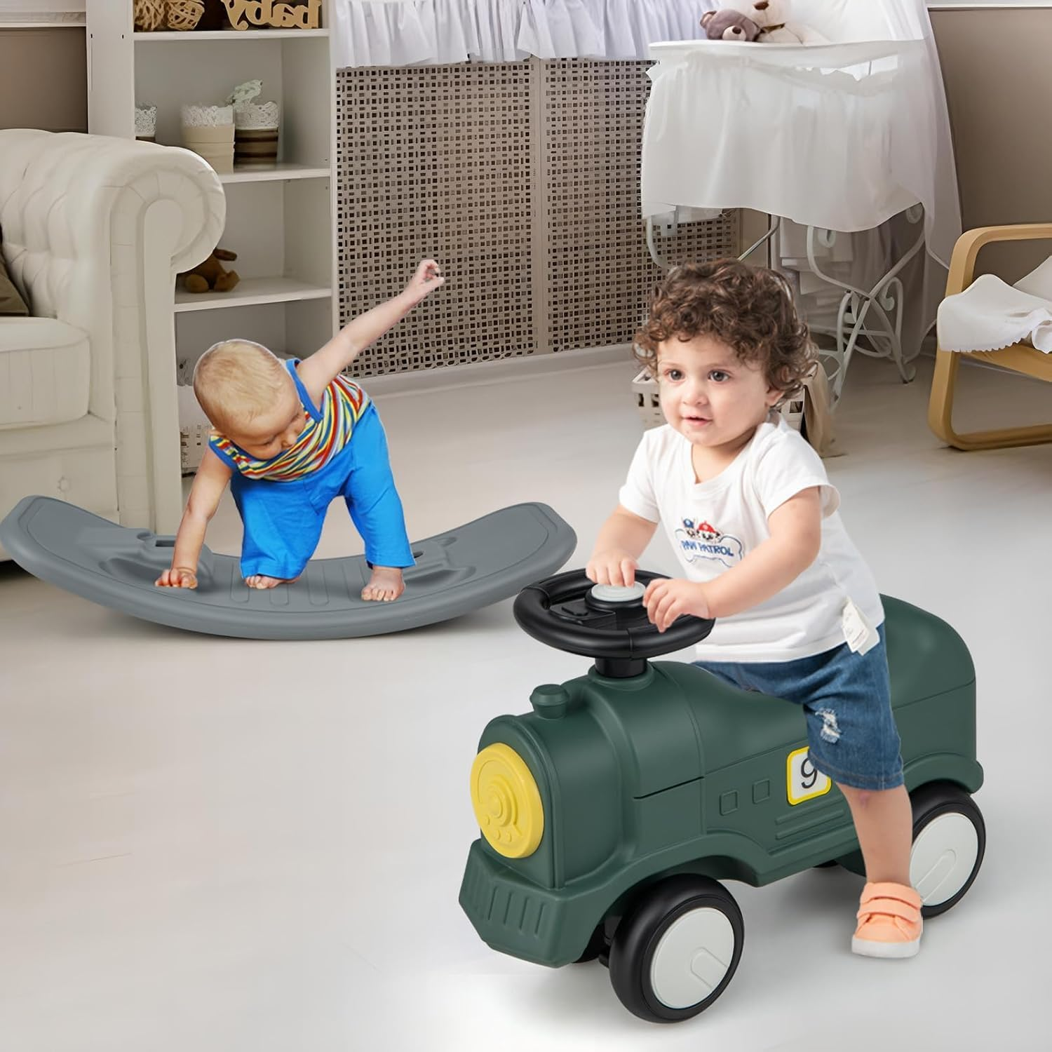3-In-1 Rocking Horse, Ride-On Car & Balance Board for Toddlers, Safe Rocker with Wheels, Steering Wheel & Backrest (18&ndash;72 Months) image number 2