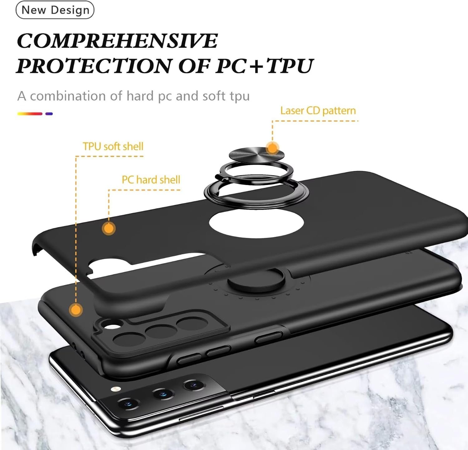 HAONANDE Kickstand Case for Samsung Galaxy S21+ Plus,Military Shockproof Bumper Tough Armour Protective Phone Cover with 360&deg; Rotate Magnetic Ring Stand,1*Screen Protector,Black