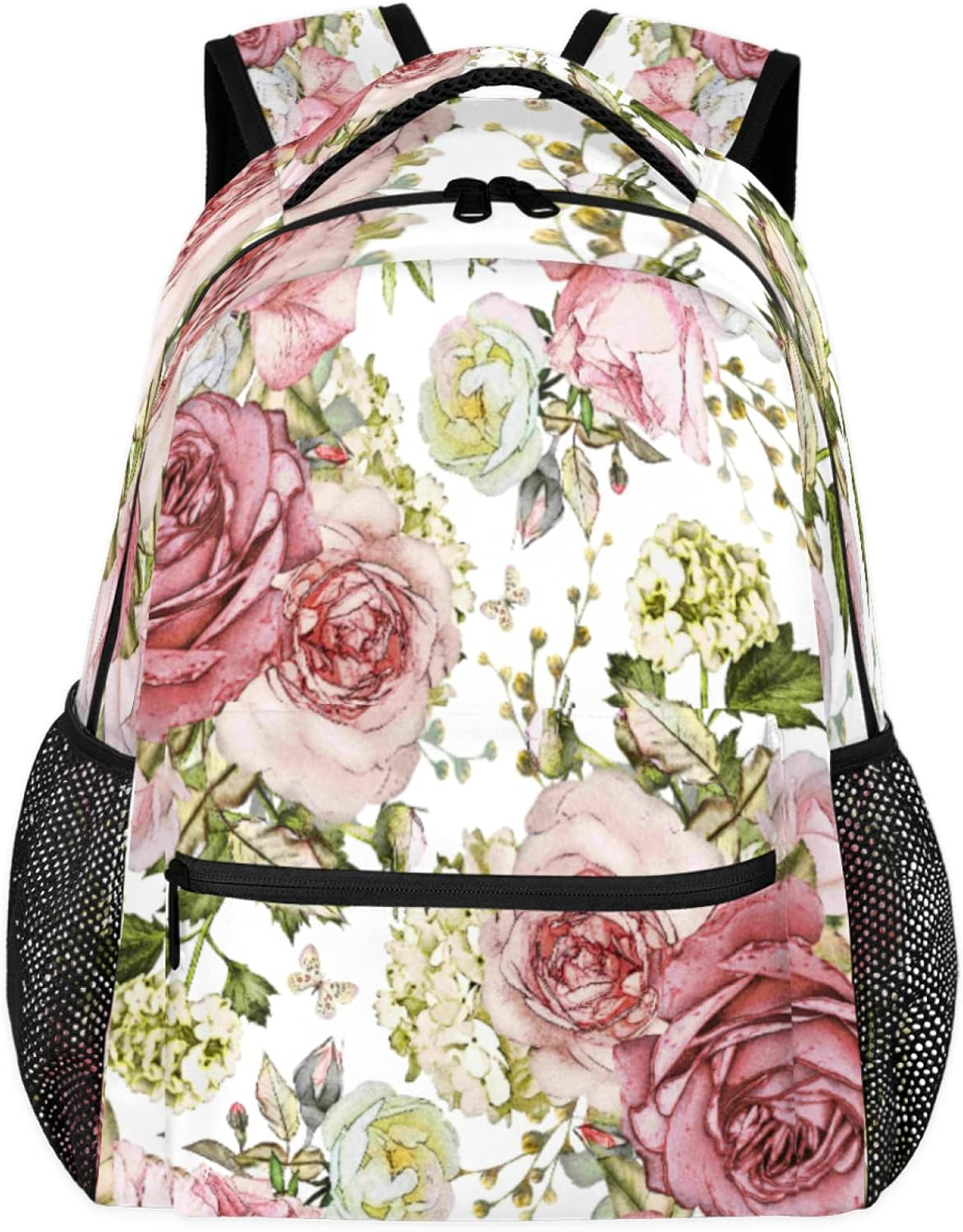 Watercolor Flower Pattern Kids Backpack Vintage Flowers School Bags for Girls Boys Durable Canvas Casual Dayback with Double Mesh Side Pockets image number 3