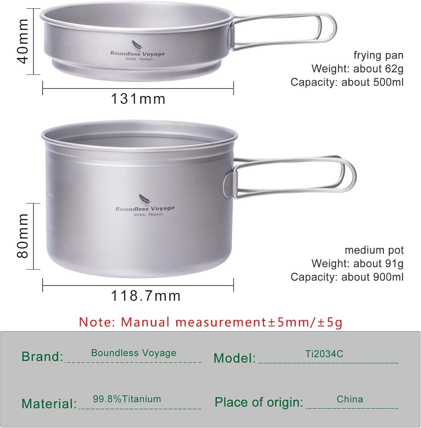 Boundless Voyage Titanium Pots and Pans with Folding Handle Outdoor Camping Soup Pot Bowl Frying Pan Mess Kit Hiking Picnic Travel Backpacking Cookware Tableware Ti1585B 500Ml+900Ml