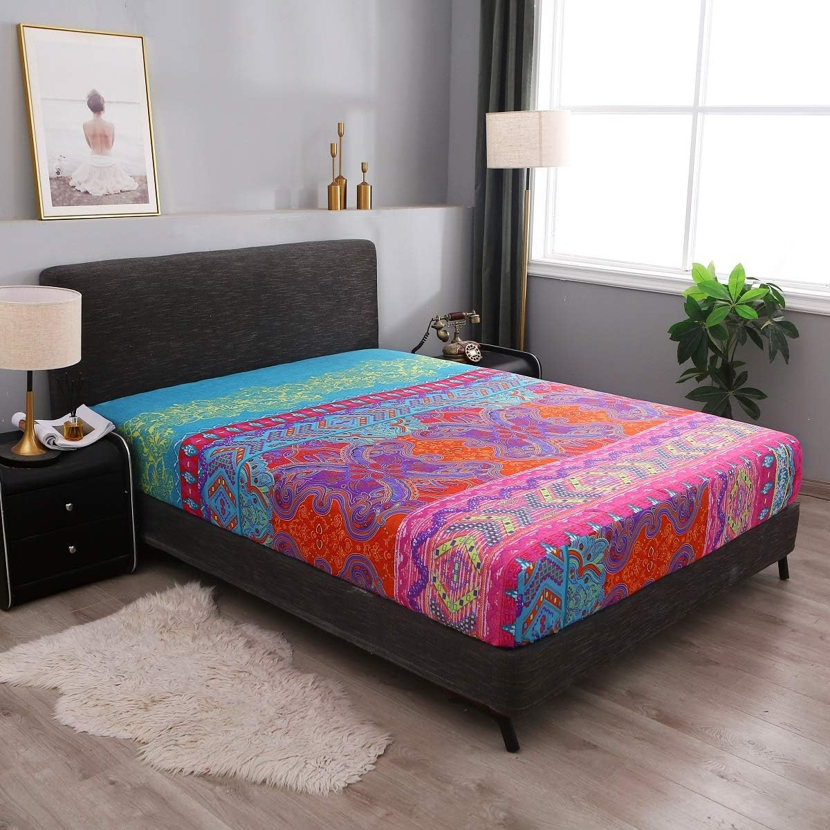 Pangzi Bohemian Retro Bedding Sheet Set,Boho Sheets-Colorful 1 Fitted Sheet, 1 Flat, 2 Pillow Cases - 4 Piece (Queen, Red) image number 7