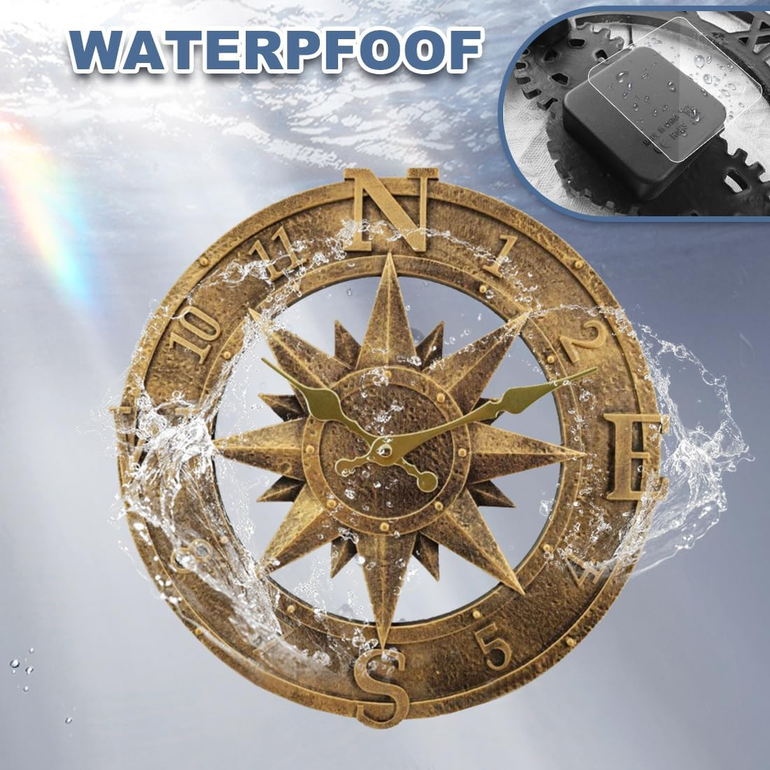 Outdoor Wall Clock, 12 Inch Waterproof Retro Garden Clock for Swimming Pool, Balcony, Patio and Deck, Non Silent (Bronze) - Brone image number 6