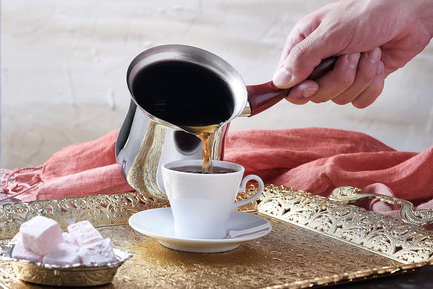 DESTALYA Turkish Coffee Pot Stainless Steel | Ibrik Cezve Briki Arabic Greek Pot, Butter Chocolate Milk Warmer, Sauce Maker | Small Hot Pot with Spout for Stove Top (Coffee Pot Red) image number 6