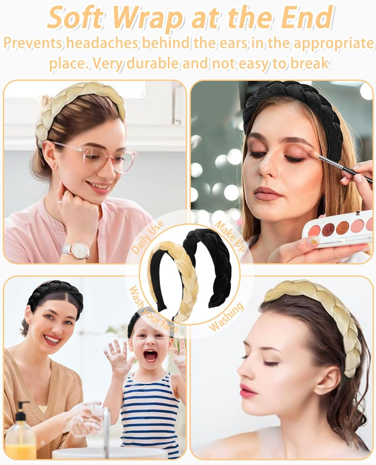 JUKOTA 2 Pieces Braided Headbands for Women, Velvet Headbands, Elastic Criss Cross Hair Bands Accessories, Wide Headband, Vintage Liner, Non-Slip Hair Accessories (Black, Beige) image number 4