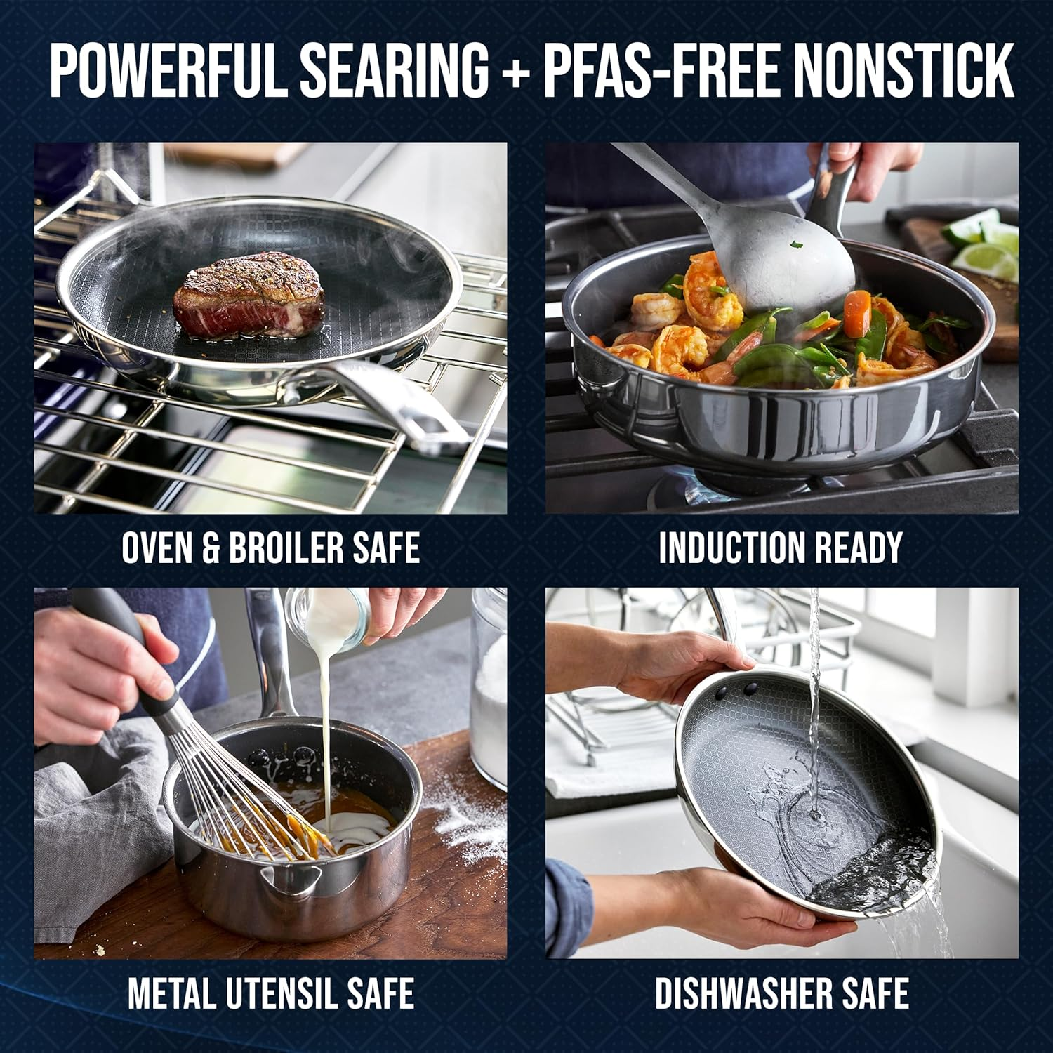 Blue Diamond Hybrid Nonstick Stainless Steel 12 Piece Cookware Set, Tri-Ply Pfas-Free Ceramic Diamond Bond Pots & Pans, Dishwasher & Oven Safe to 850F, Induction Ready, Metal Utensil Safe, Silver image number 1