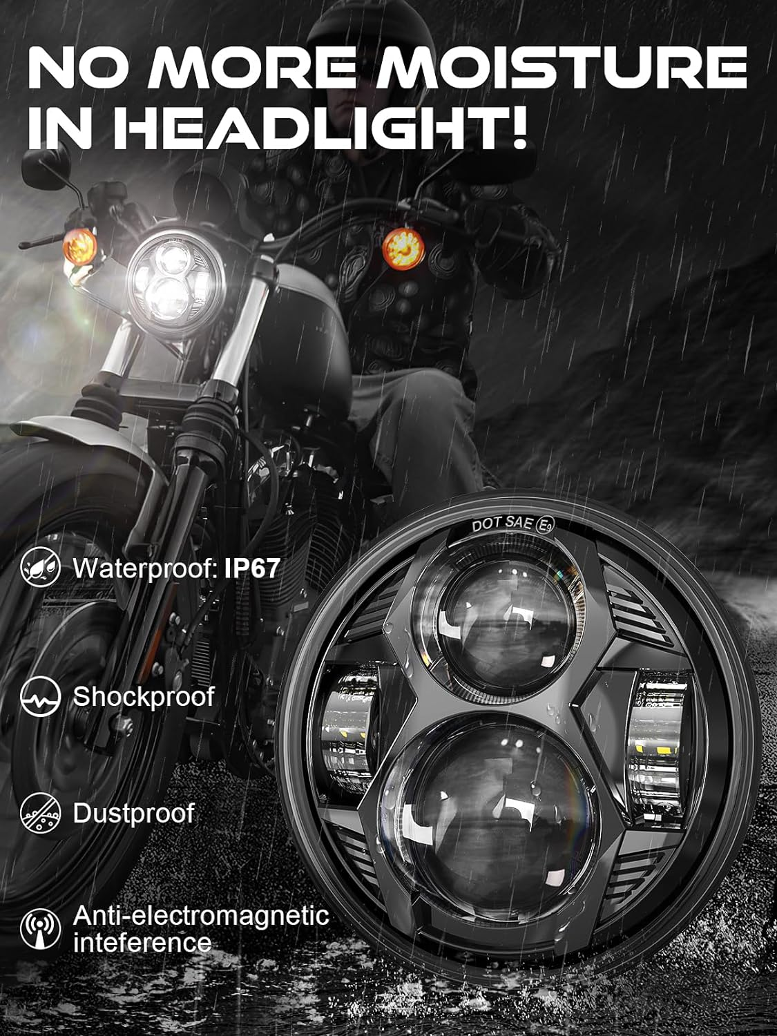 5.75 Inch round Led Headlight 51W 5-3/4" Headlight Compatible with Harley Dyna Sportster Iron 883 Street Rod Street Bob Softail Deuce Custom Super Wide Glide Motorcycle, Black image number 5