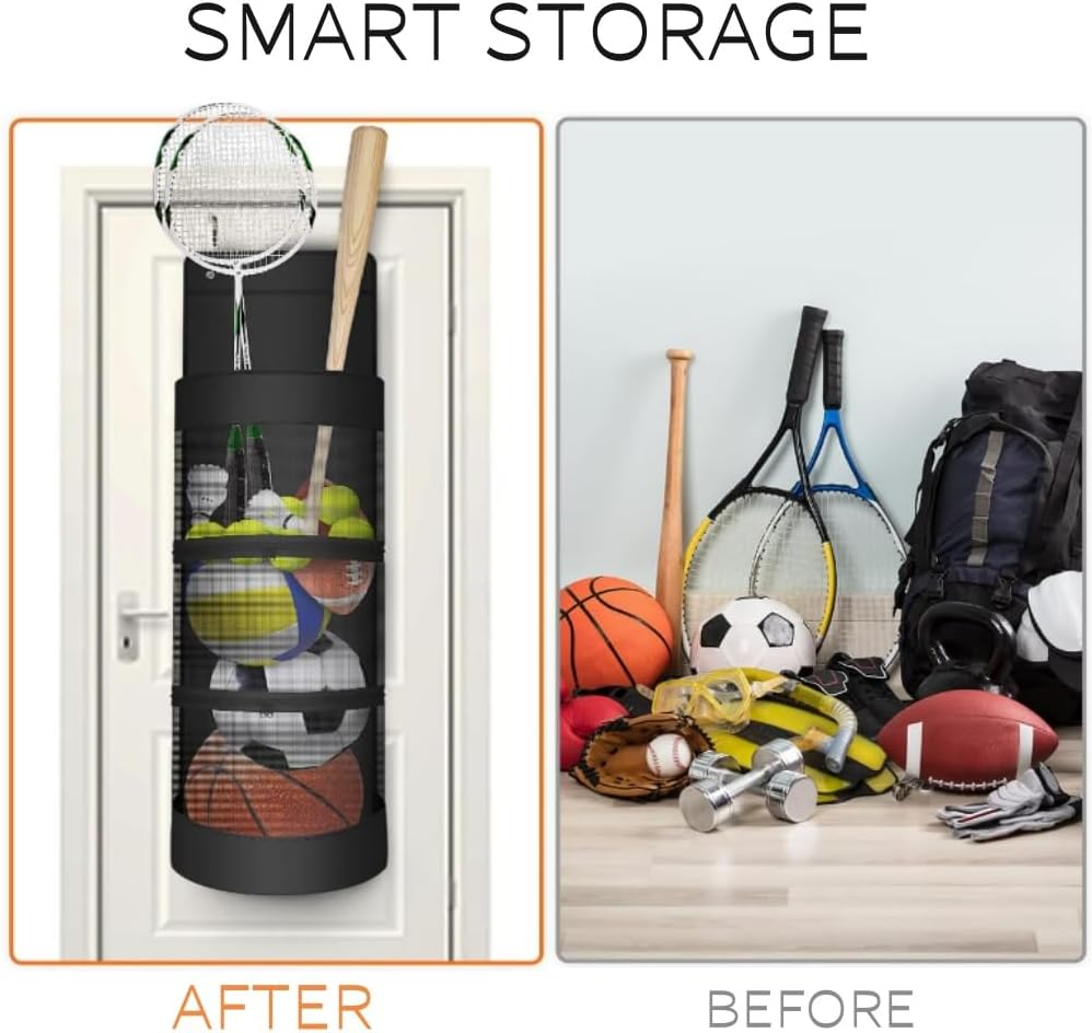 Goxfaca Hanging Organizer, over Door Storage Organizer, Hanging Sports Equipment Organizer, Sports Accessories Hanging Bag for Hold Soccer, Basketball, Football, Volleyball (Black) image number 1