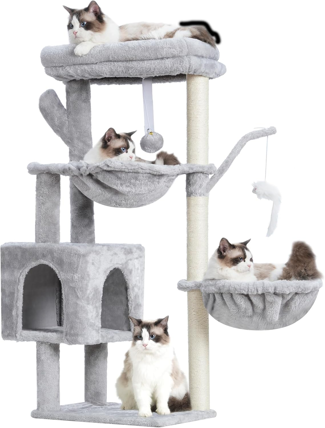 Heybly Cat Tree, 100Cm Cactus Tower Condo with Scratching Post, Cat Tower for Indoor Cats, Fully Wrapped Sisal Pole, Soft Platform, 2 Baskets and Dangling Toy, Light Gray HCT006SW