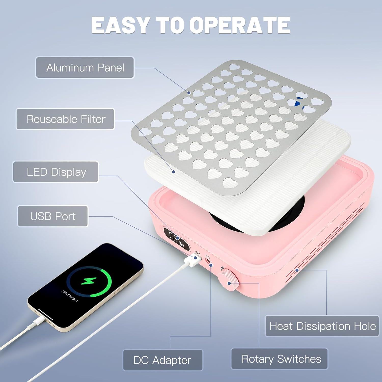 Madenia Rechargeable Nail Dust Collector: 56W Professional and Powerful Nail Vacuum Cleaner with 30000RPM Adjustable Speed - Quiet Nail Vacuum Extractor for Nail Studio & Home (Pink) - Pink image number 4