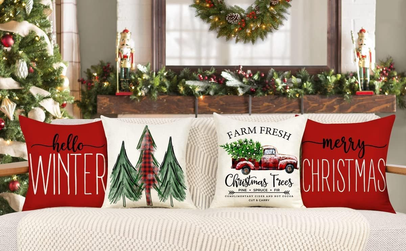 ALINK Christmas Pillow Covers 18X18 Set of 4 Farmhouse Christmas Decorations Merry Christmas Tree Truck Hello Winter Holiday Decor Throw Cushion Cases for Home Couch (Red) image number 3