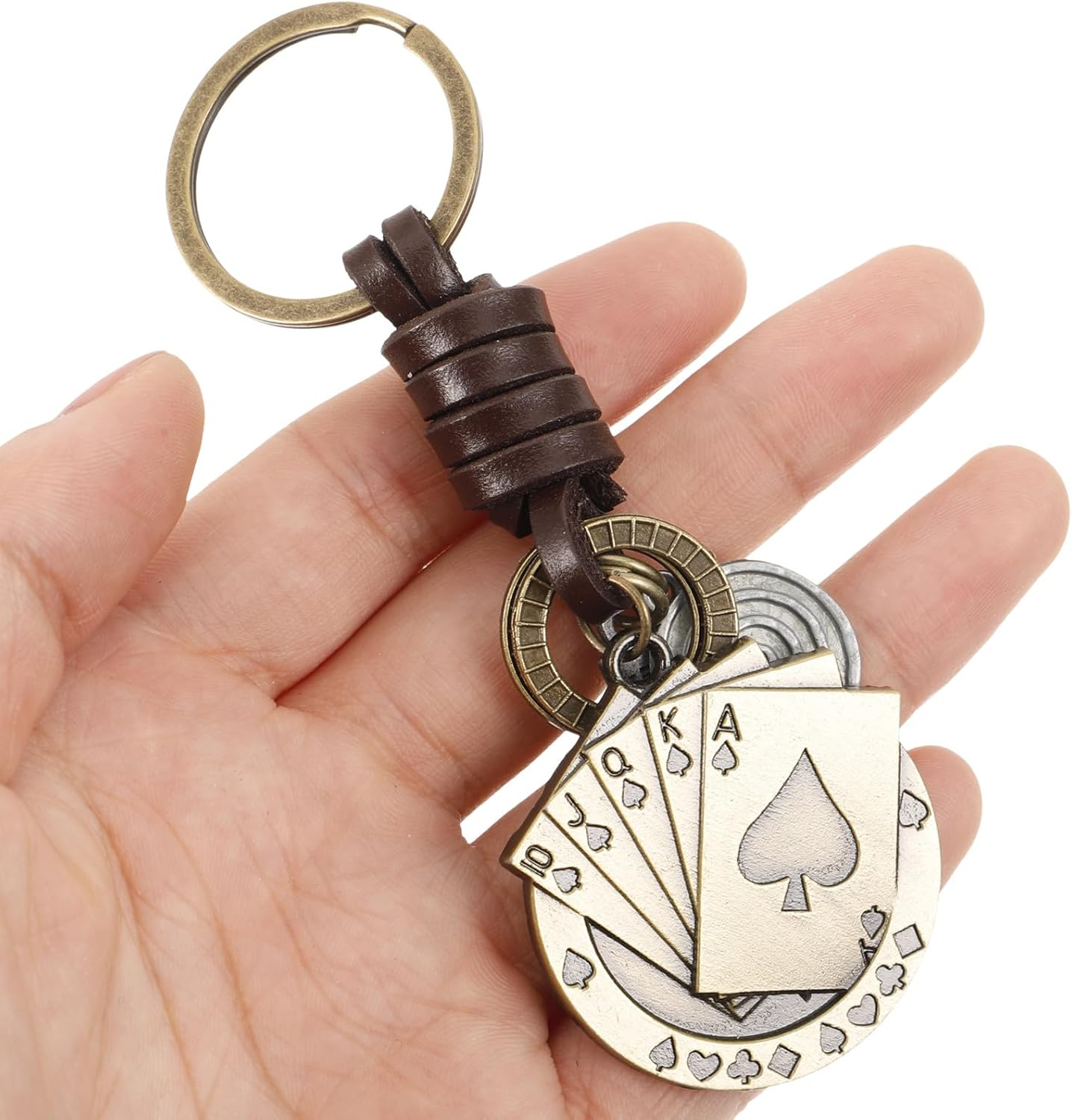 YARNOW Vintage Leather Poker Card Keychain for Men, Handmade Woven Cowhide Key Ring, Creative Small Bag Hanging Pendant, Retro Key Decoration for Car and Backpack image number 2