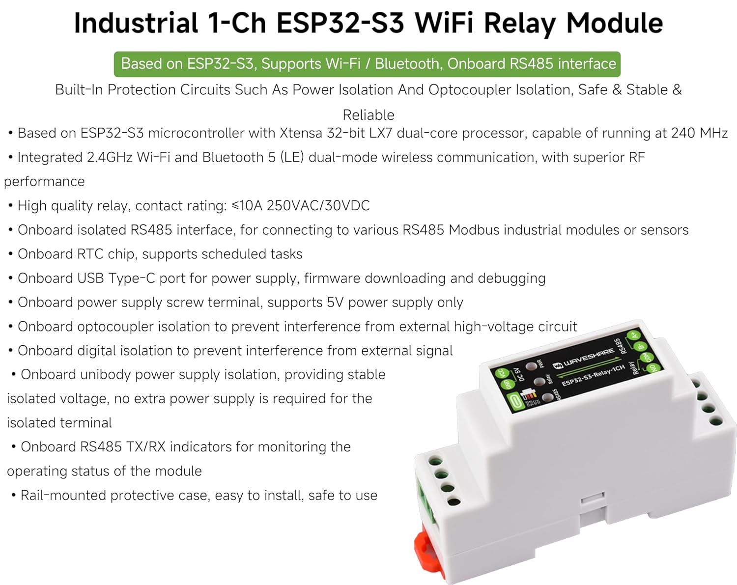 Industrial 1-Ch ESP32-S3 Wifi Relay Module, Support RS485 and Bluetooth/Wifi Remote Control, Better for RS485 Modbus Industrial Modules or Sensors, Built-In Protection Circuits, Safe & Stable image number 4
