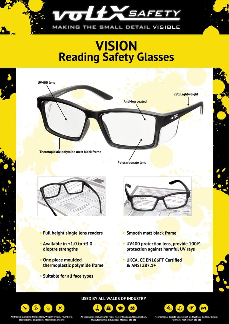 Voltx 'VISION' Safety Readers, Full Lens Magnified Reading Safety Glasses - anti Fog Coated, 1.0 to +3.0 Dioptre Options. image number 5
