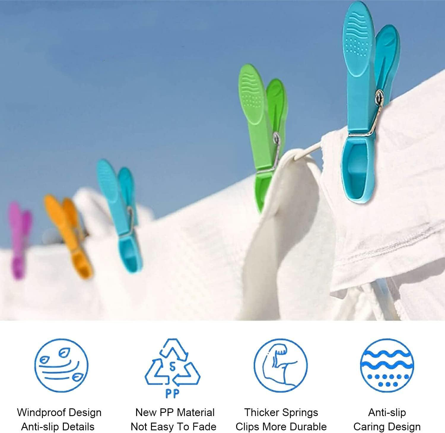 Colorful Plastic Clothespins, Powerful Laundry Pegs, Windproof Clothes Drying Line Clips, Socks Clamps, Colorful Clips for Laundry (48)