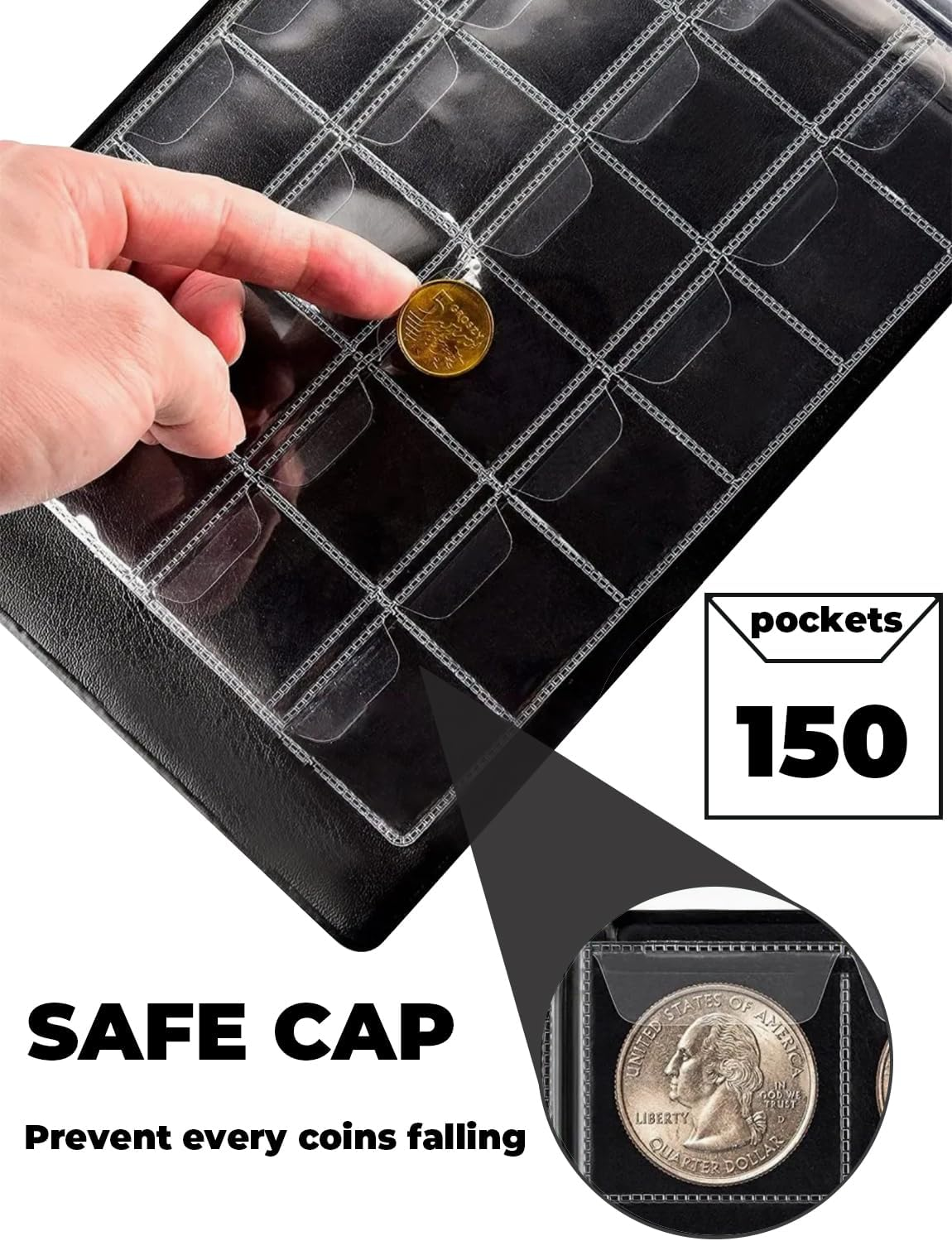 Coin Collection Book Holder Album for Collectors, 10 Pages 150 Pockets 4.5 X 4.5Cm(1.77 X 1.77 Inch) Coin Albums Penny Collecting Book,Coin Storage Album Books for Coin Storage,Money Currency