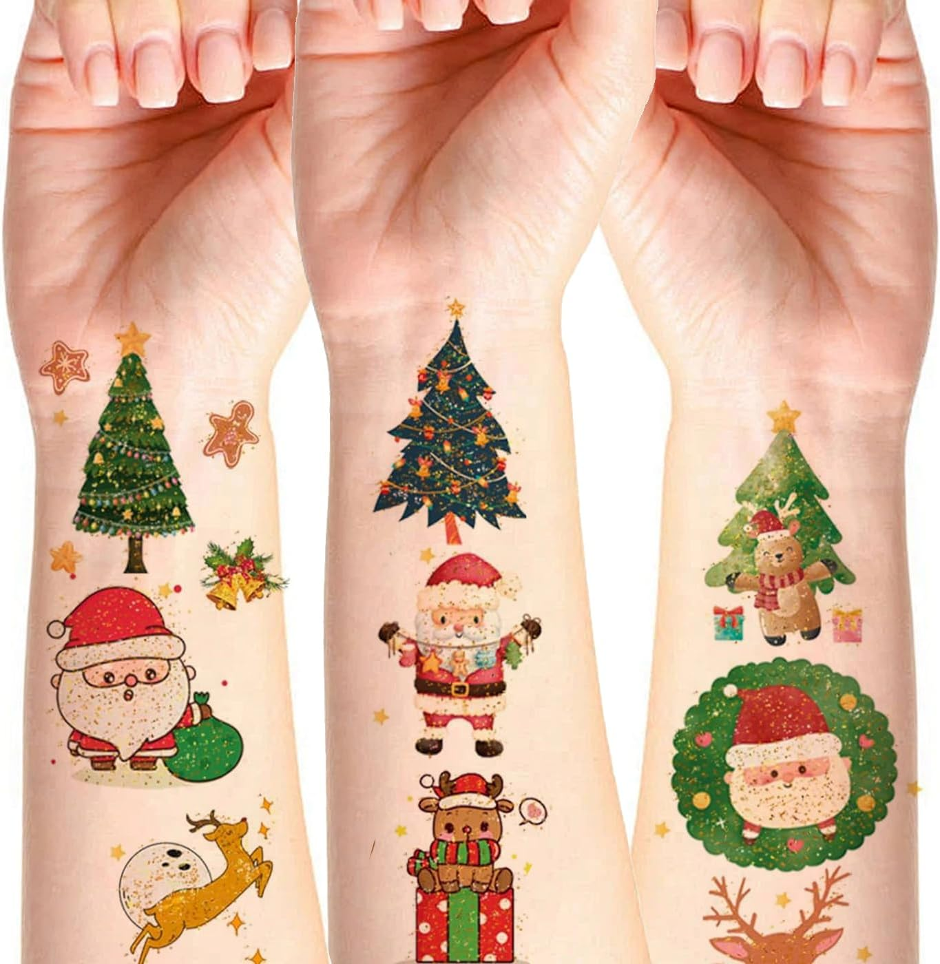 Itadaku 12 Sheets Glitter Christmas Tattoos, Sparkly Temporary Tattoos, Xmas Party Favors, Stocking Stuffers & Christmas Eve Gifts image number 4