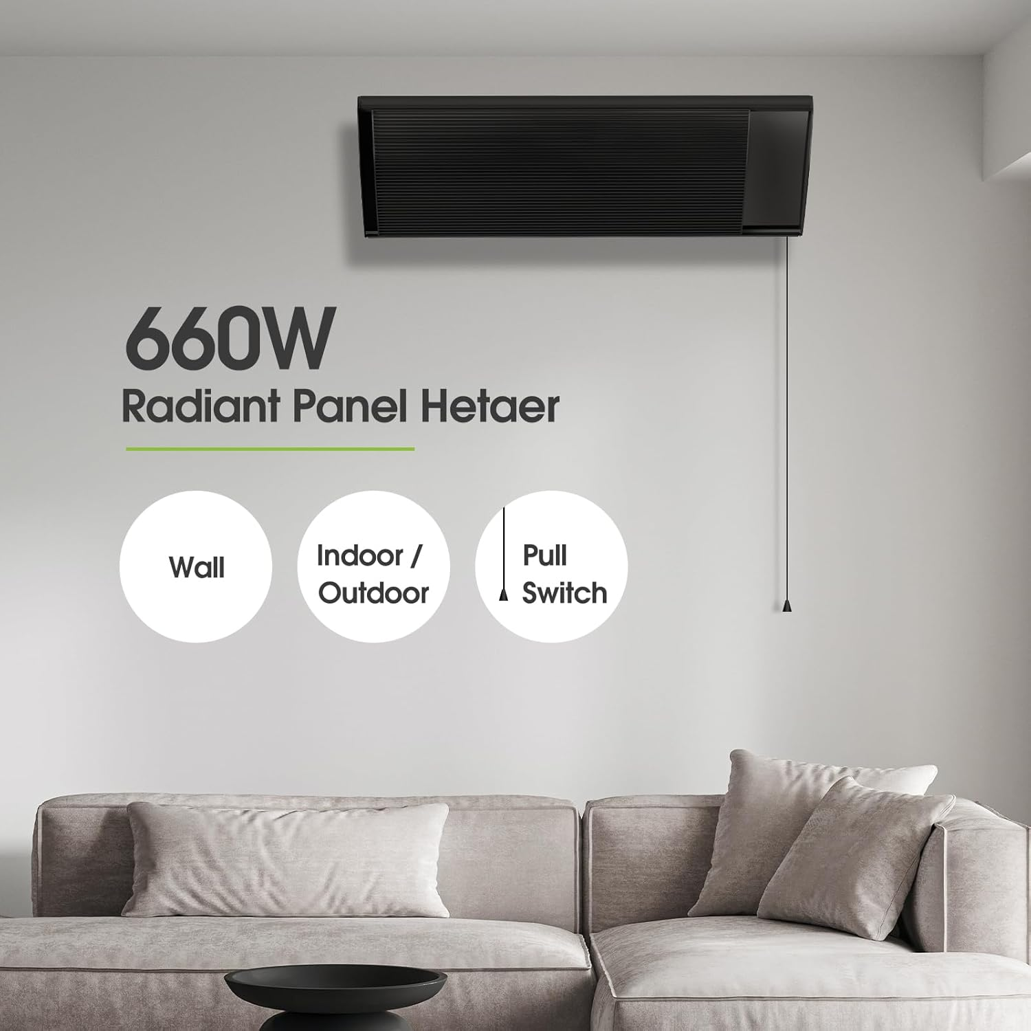 660W Electric Patio Heater Wall Radiant, Strip Infrared Heater for Outdoor or Indoor Use with Pull Cord Switch, Patio Garden Backyard Heater Energy Saving IR Heating Portable Space Warmer image number 2