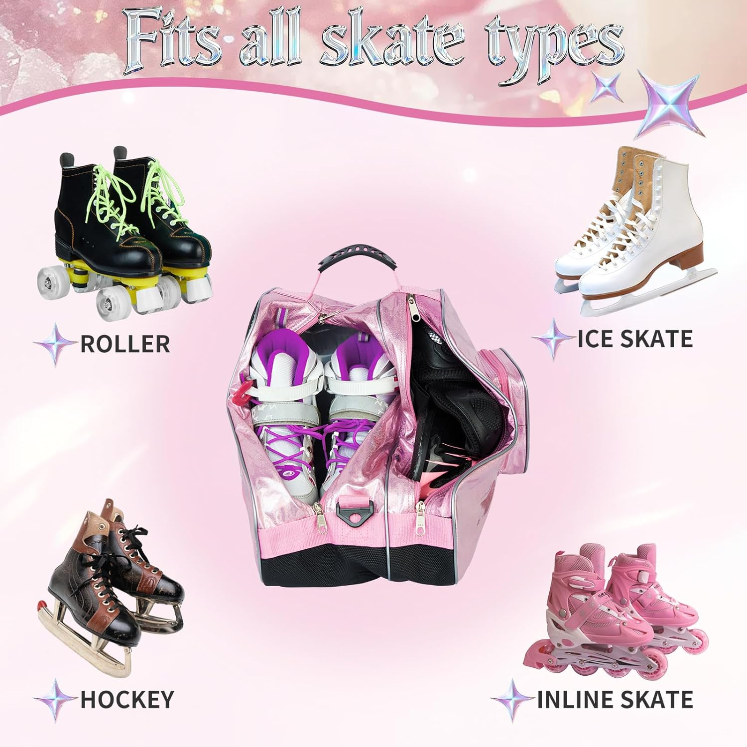 Roller Skate Bag Inline Skates Bag Stylish Plain Holographic Fashion Model Spacious Big Capacity Ice Skate Bag Breathable Mesh Waterproof & Durable Figure Skating Bag for Women and Youth - Silver image number 4