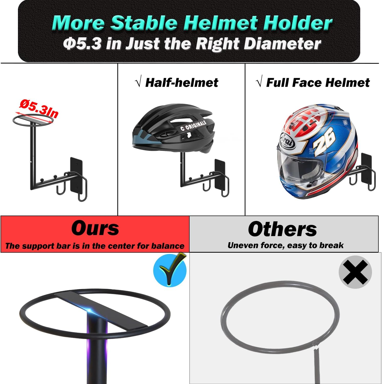 Helmet Holder with Hook, Wall Mount Hanger, Motorcycle Gear Rack, Display Mount for Bike, Hockey, Football Helmets image number 4