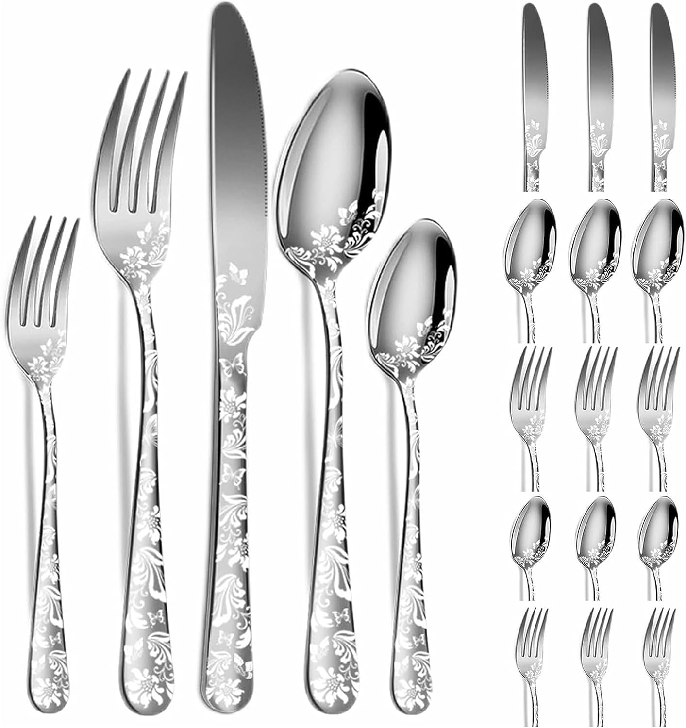 20Pcs Stainless Steel Flatware Set, Unique Flower Pattern Silverware Set Service for 4 People, Silver Cutlery Set with Knives/Forks/Spoons, Mirror Polished Utensil Set for Kitchen, Dishwasher Safe image number 3