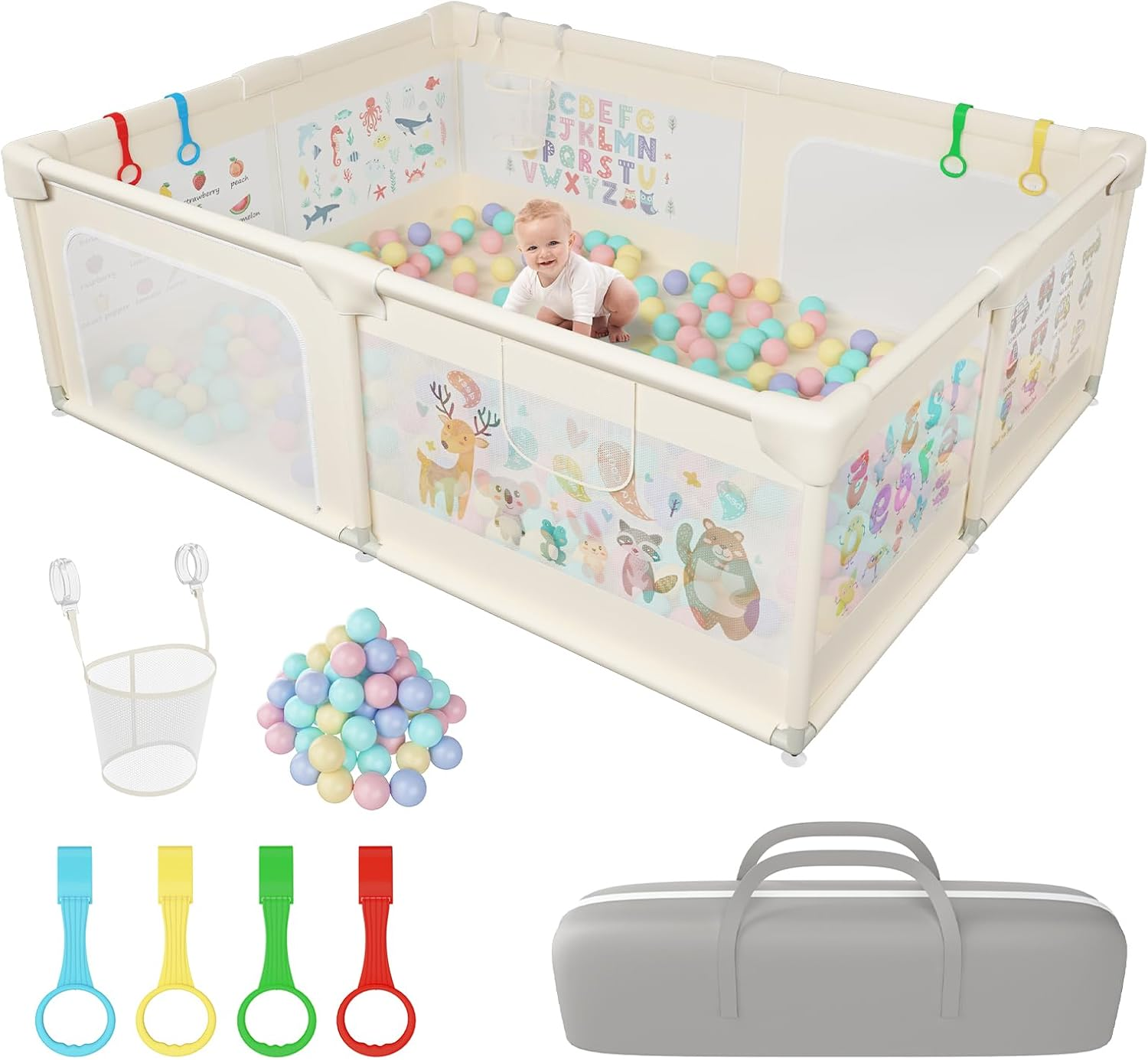 200X150Cm Playpen Baby, Extra Large Play Pen for Toddlers with Pattern Anti-Slip Sturdy Baby Play Yards Fence with 50 Balls, 4 Pull Rings, Balls Storage, Ball Storage & Zipper Door (Beige) image number 6